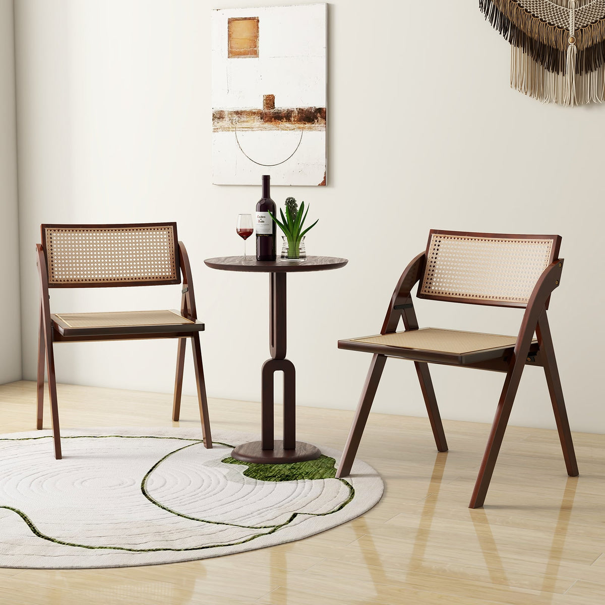 Foldable Dining Chairs Set of 2 with Woven Rattan Backrest-Brown-Dining Chairs-DECOROLALA