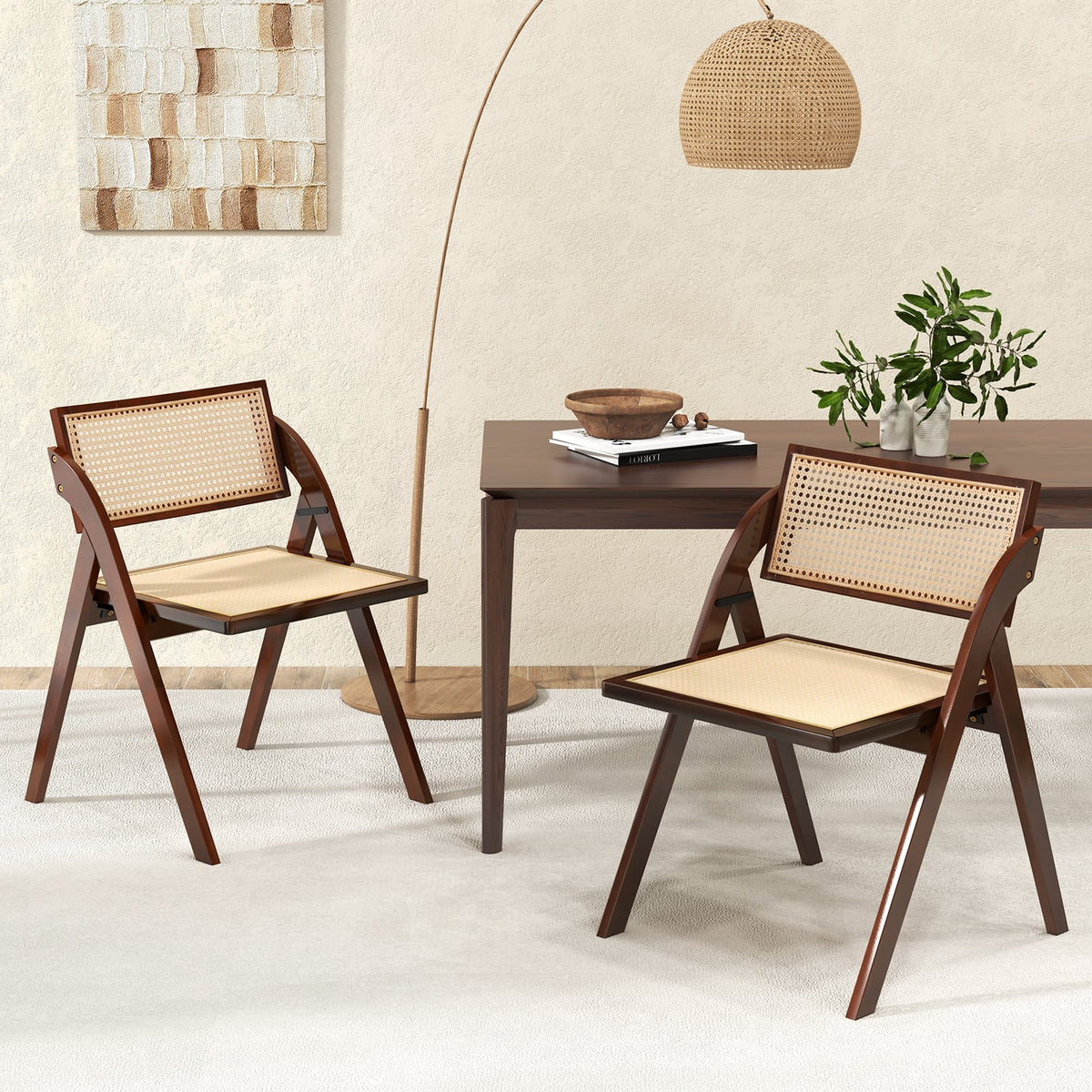 Foldable Dining Chairs Set of 2 with Woven Rattan Backrest-Brown-Dining Chairs-DECOROLALA