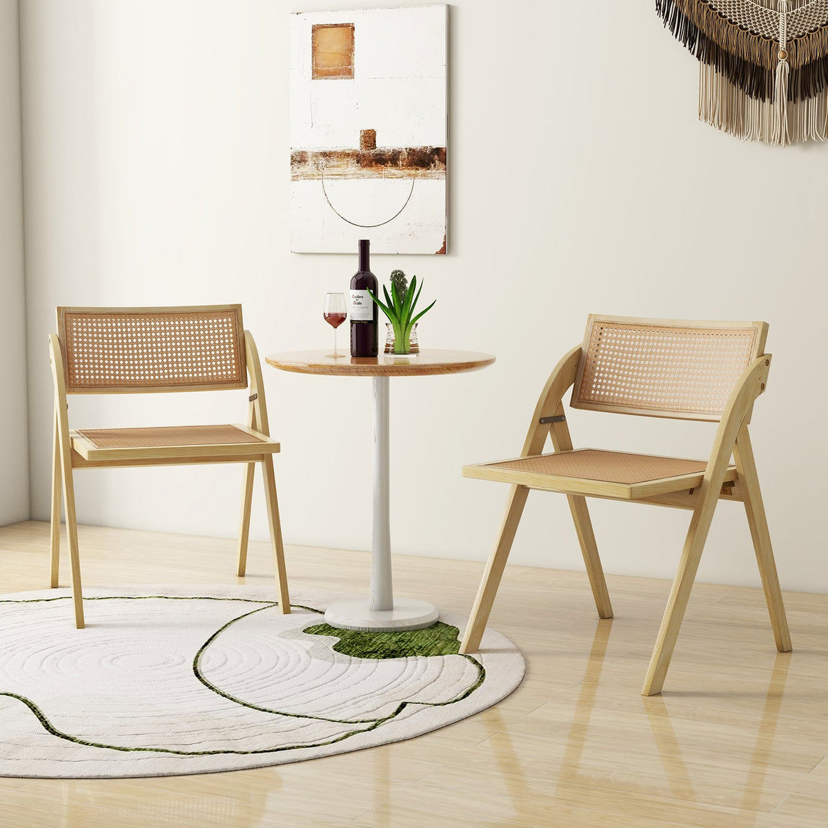 Foldable Dining Chairs Set of 2 with Woven Rattan Backrest-Natural-Dining Chairs-DECOROLALA