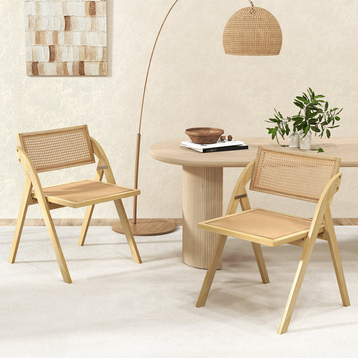 Foldable Dining Chairs Set of 2 with Woven Rattan Backrest-Natural-Dining Chairs-DECOROLALA
