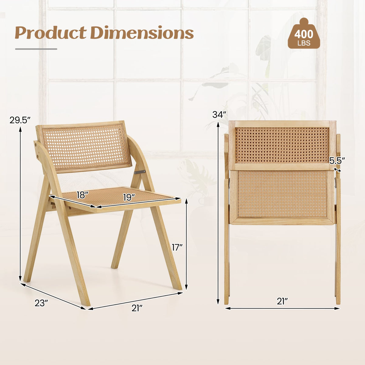 Foldable Dining Chairs Set of 2 with Woven Rattan Backrest-Natural-Dining Chairs-DECOROLALA