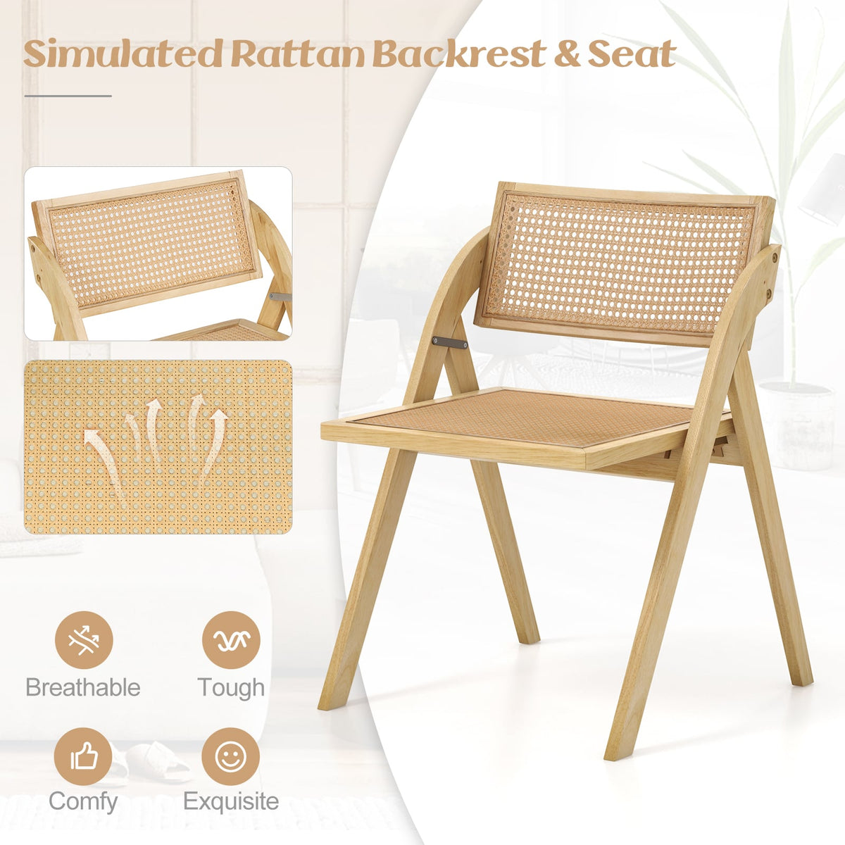 Foldable Dining Chairs Set of 2 with Woven Rattan Backrest-Natural-Dining Chairs-DECOROLALA