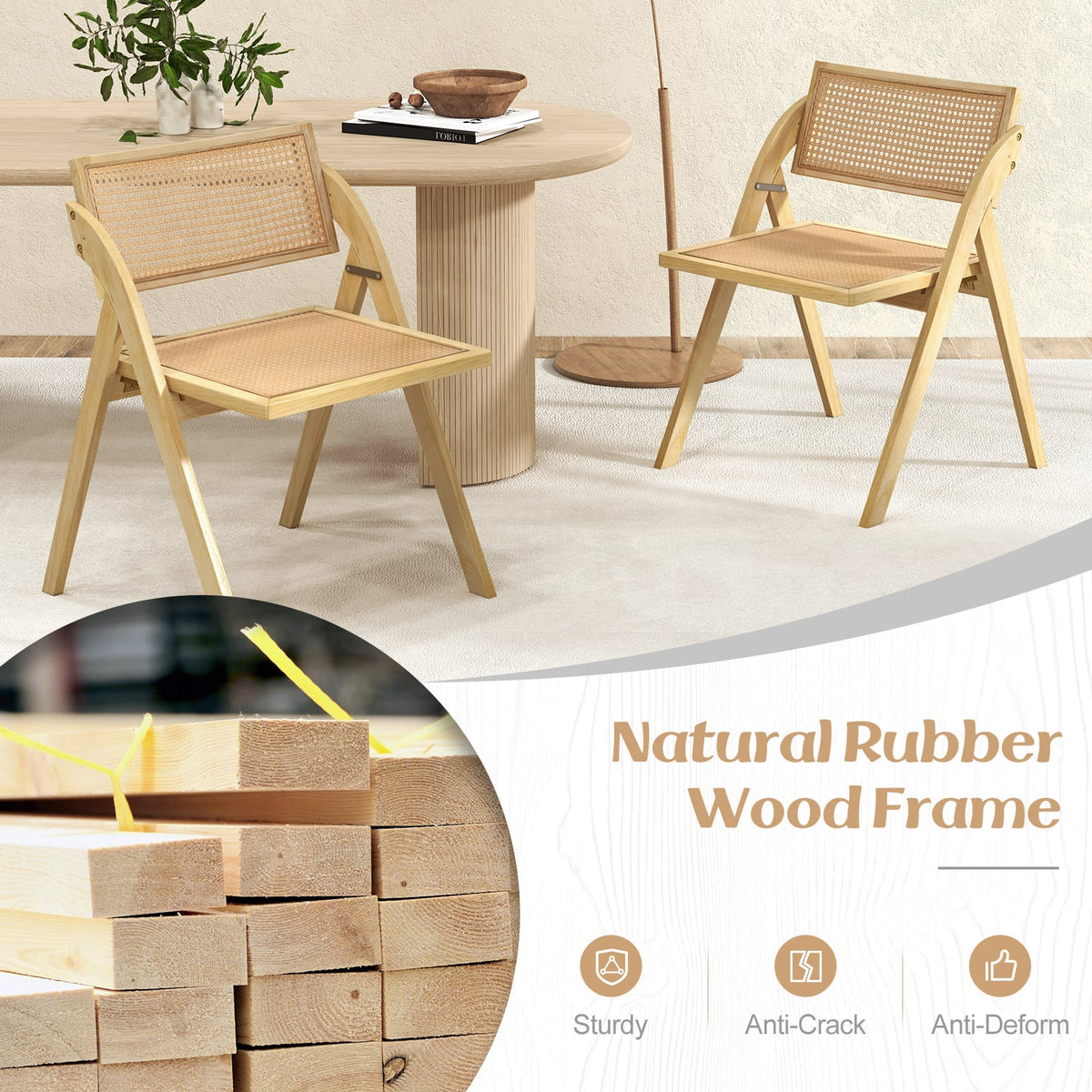 Foldable Dining Chairs Set of 2 with Woven Rattan Backrest-Natural-Dining Chairs-DECOROLALA