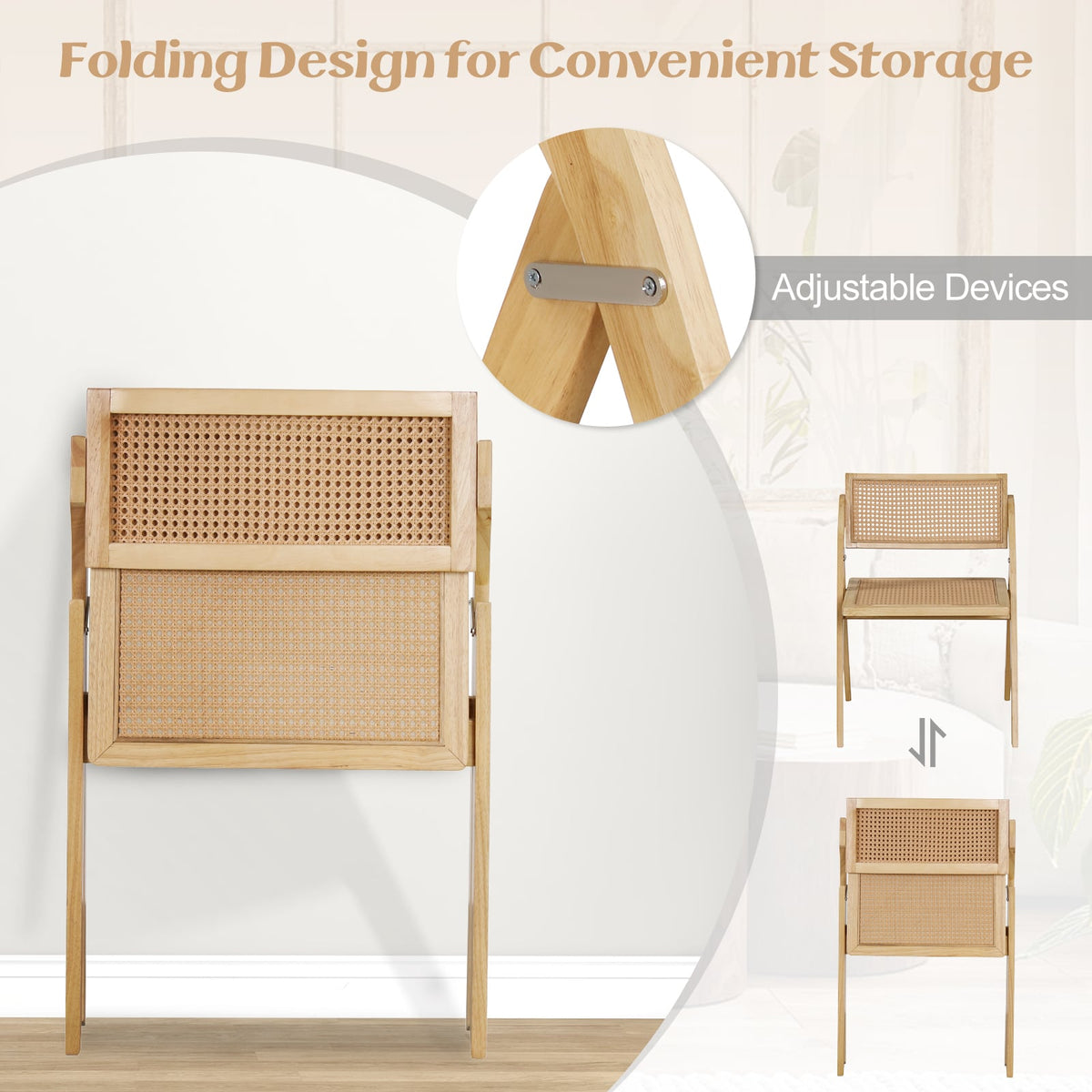 Foldable Dining Chairs Set of 2 with Woven Rattan Backrest-Natural-Dining Chairs-DECOROLALA