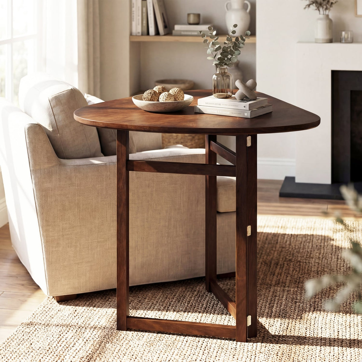 Foldable Dining Table 31.5" Triangular Small Kitchen Table for 2-Walnut-Dining Tables-DECOROLALA