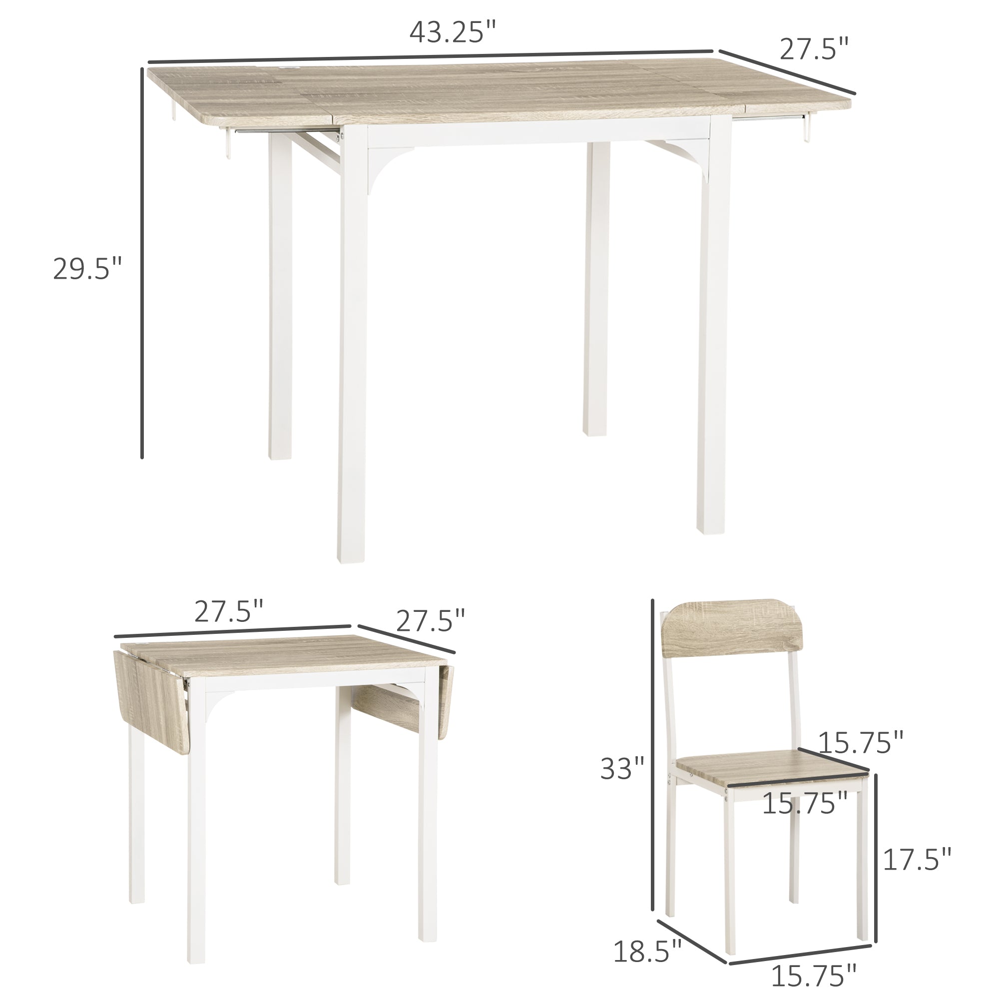 Foldable Dining Table Set, 2 Chairs for Apartments, Natural MDF, 43.25"L-DECOROLALA