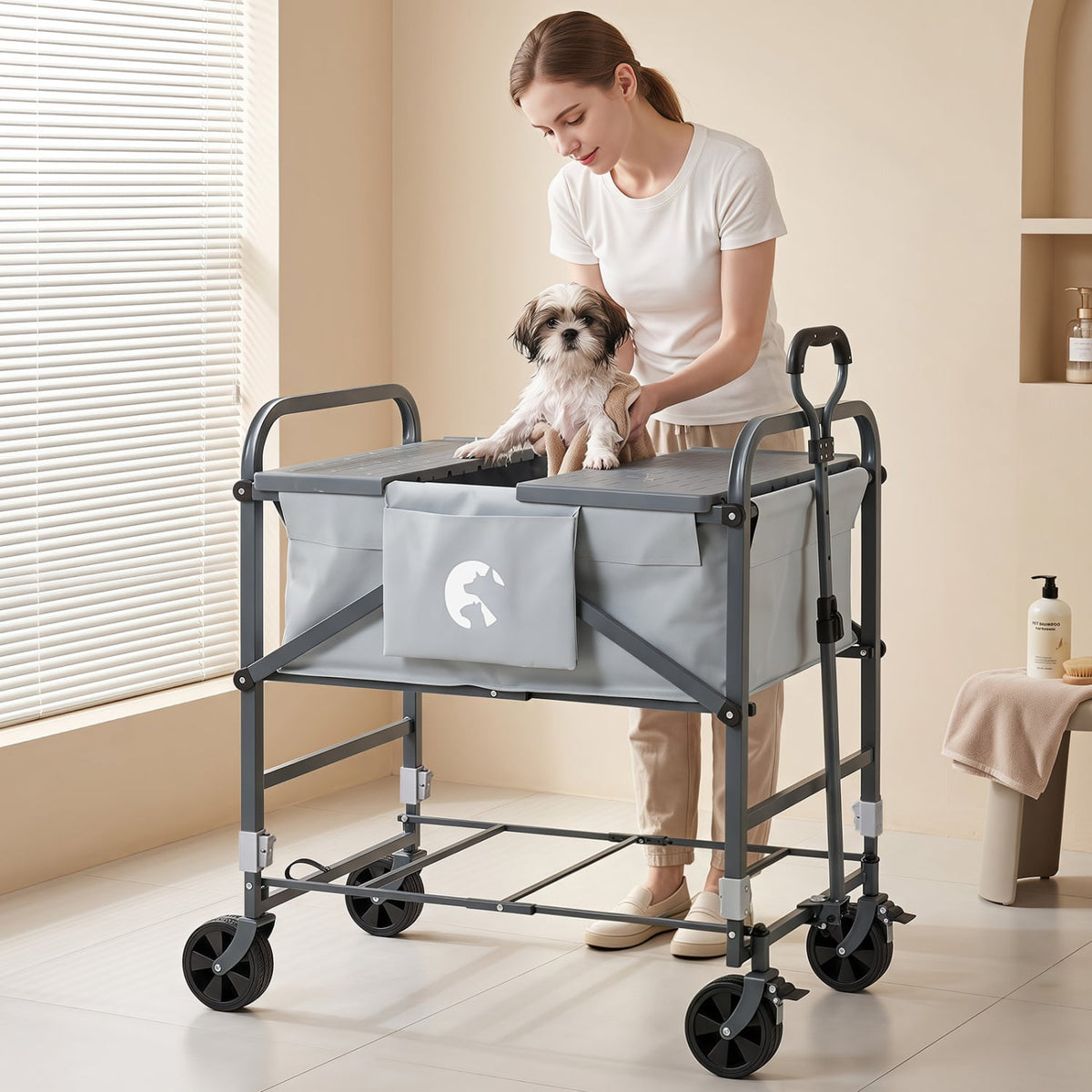 Foldable Dog Bath Cart with Adjustable Height & 4 Wheels for Pets-Gray-Dog Supplies-DECOROLALA