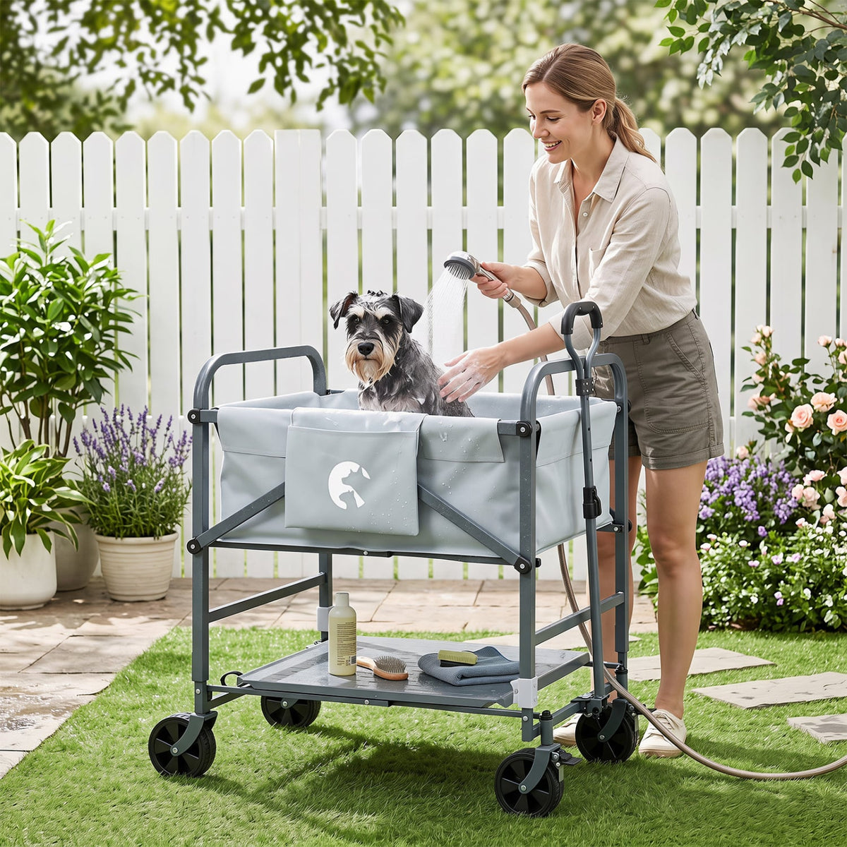 Foldable Dog Bath Cart with Adjustable Height & 4 Wheels for Pets-Gray-Dog Supplies-DECOROLALA