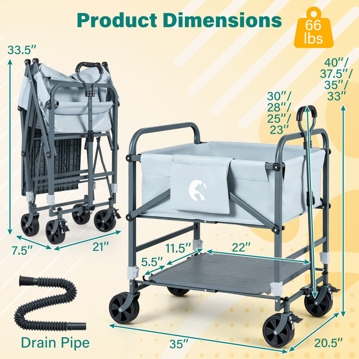 Foldable Dog Bath Cart with Adjustable Height & 4 Wheels for Pets-Gray-Dog Supplies-DECOROLALA
