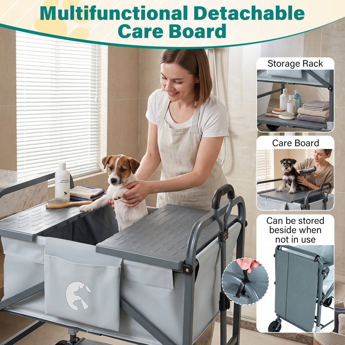 Foldable Dog Bath Cart with Adjustable Height & 4 Wheels for Pets-Gray-Dog Supplies-DECOROLALA