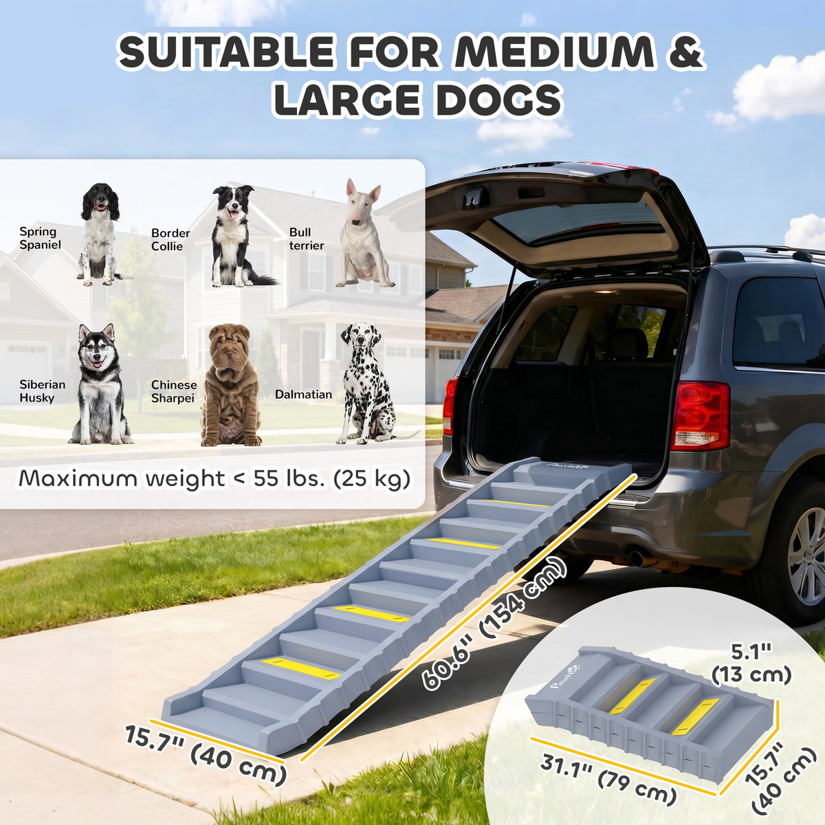 Foldable Dog Car Ramp - 60.6" Anti-Slip 10-Step Pet Stairs, Grey-Dogs-DECOROLALA
