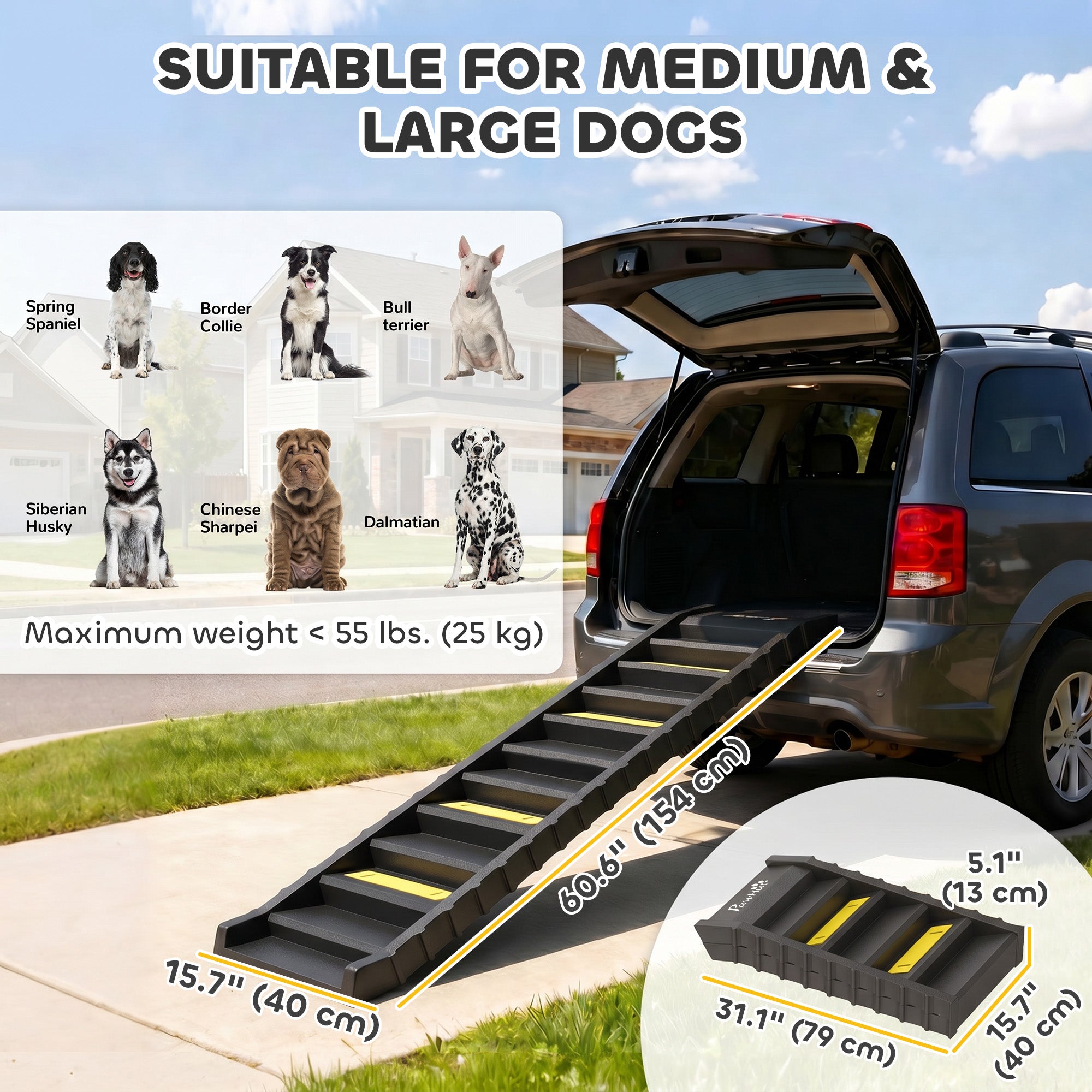 Foldable Dog Car Ramp, Dog Ramp with Anti-Slip Steps, Pet Stairs for Senior Pets to Access Cars and High Beds, Black-Dogs-DECOROLALA
