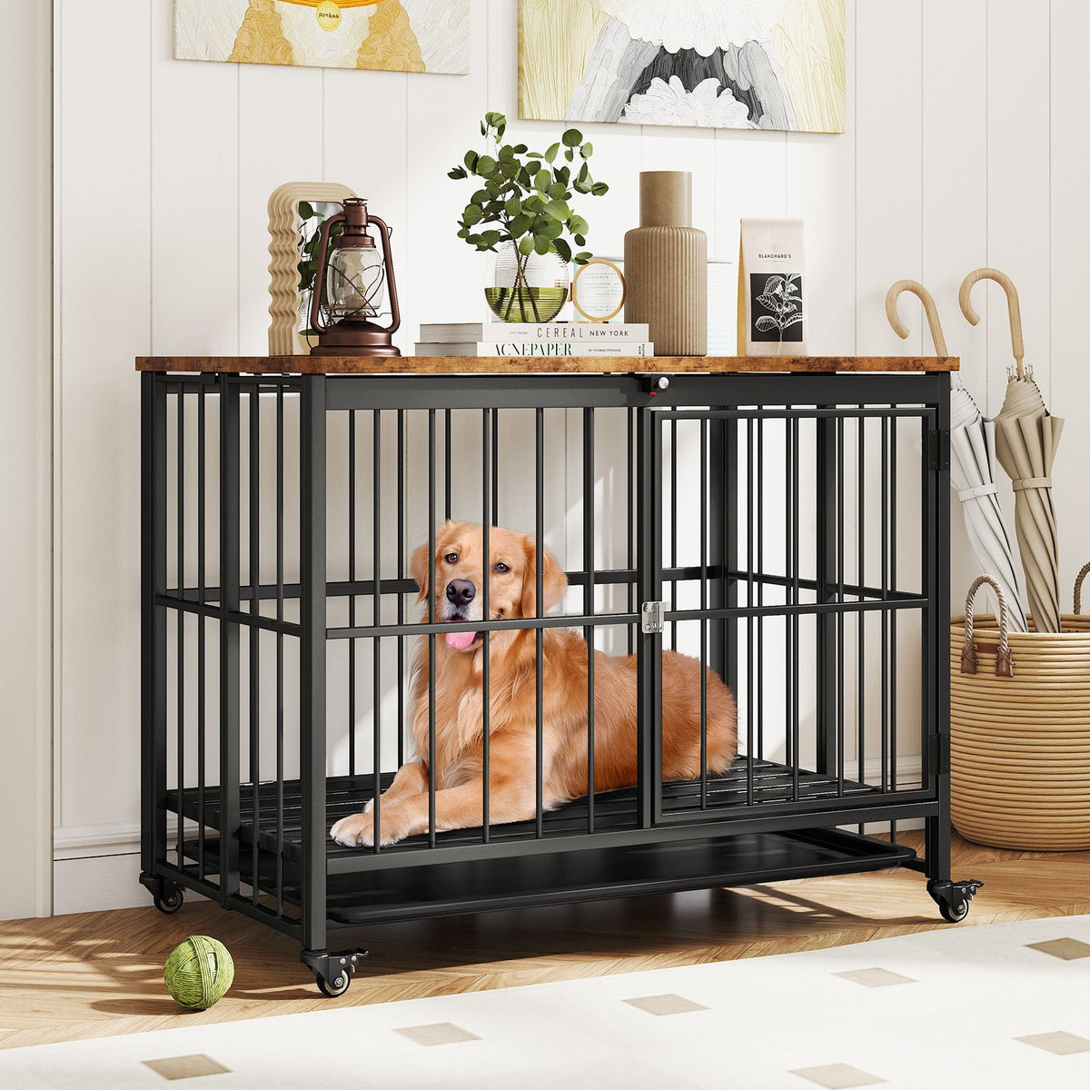Foldable Dog Crate Furniture with Removable Tray and Lockable Door-L-Dog Kennels-DECOROLALA