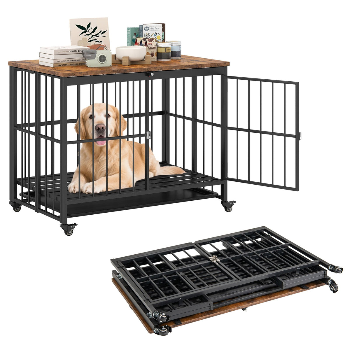 Foldable Dog Crate Furniture with Removable Tray and Lockable Door-L-Dog Kennels-DECOROLALA