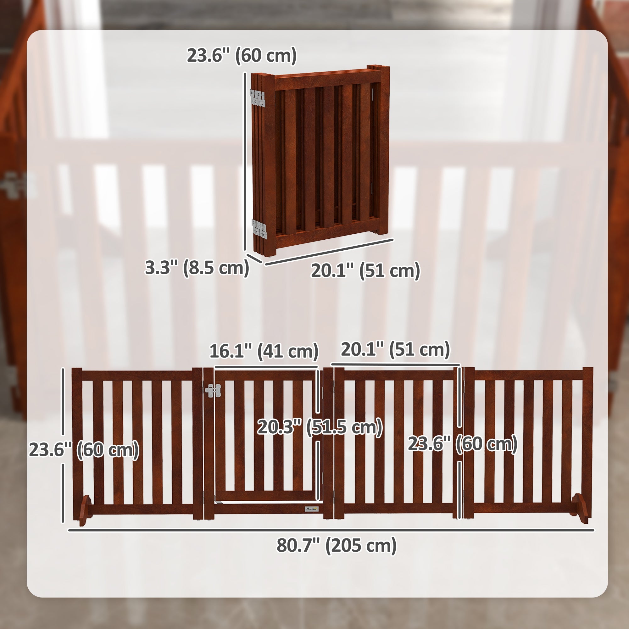 Foldable Dog Gate with Door, 4 Panels Fressstanding Pet Gate, Brown-Dogs-DECOROLALA