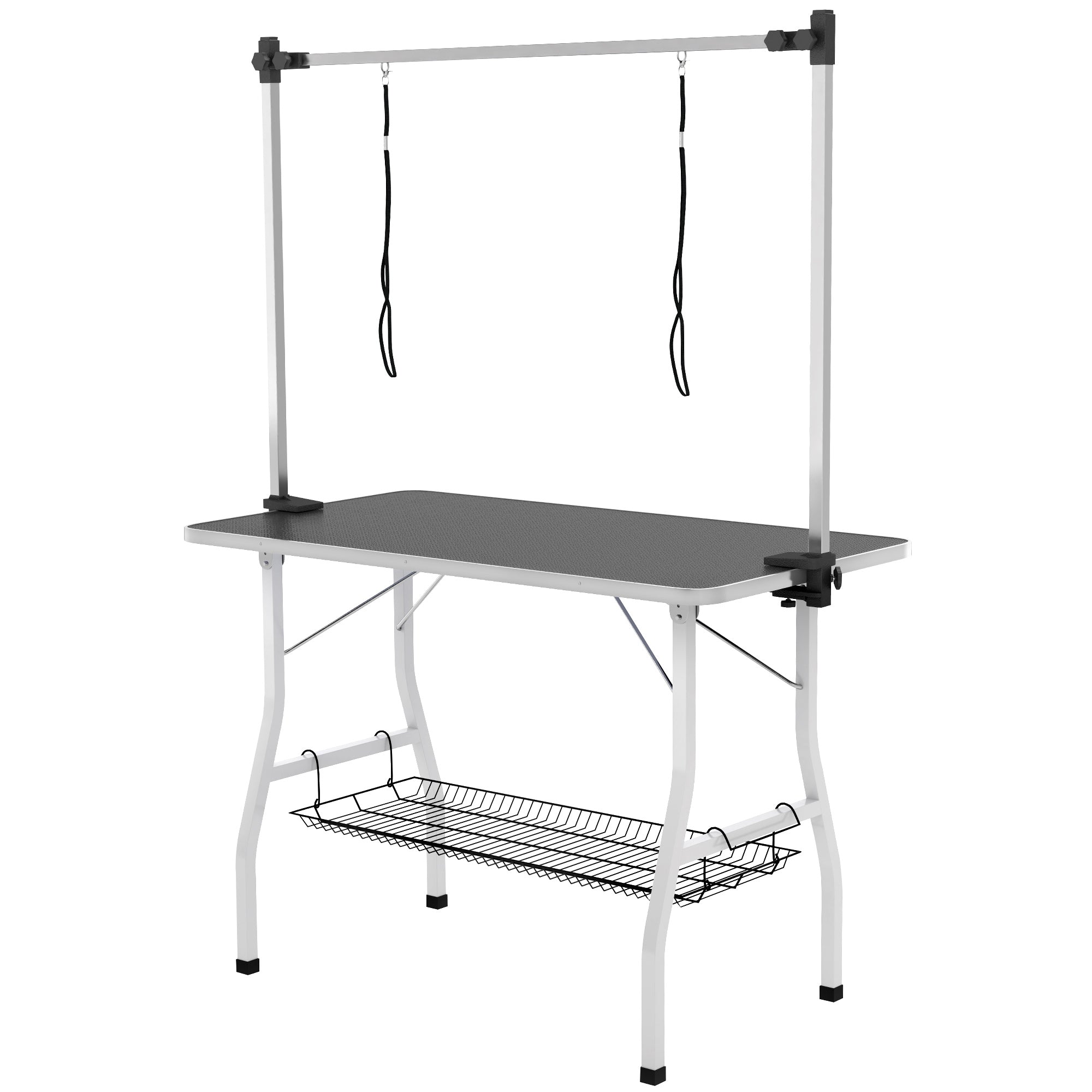 Foldable Dog Grooming Table with Adjustable Grooming Arms, Storage Shelf, Two Nooses, 42" x 24" x 61", Black-Dogs-DECOROLALA
