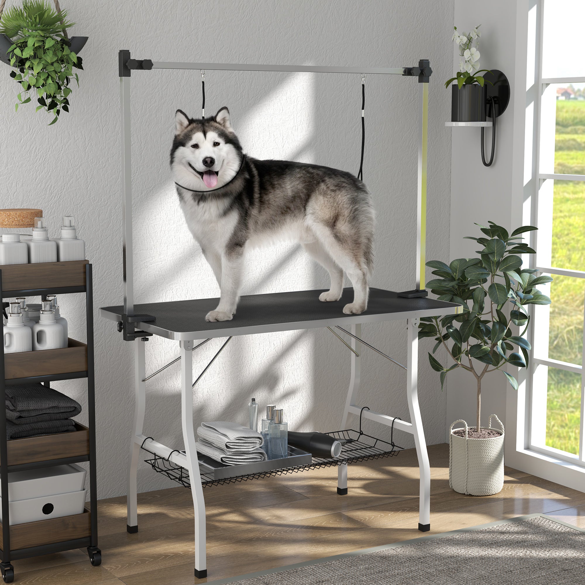 Foldable Dog Grooming Table with Shelf & Dual Arms - 42" Black-Dogs-DECOROLALA