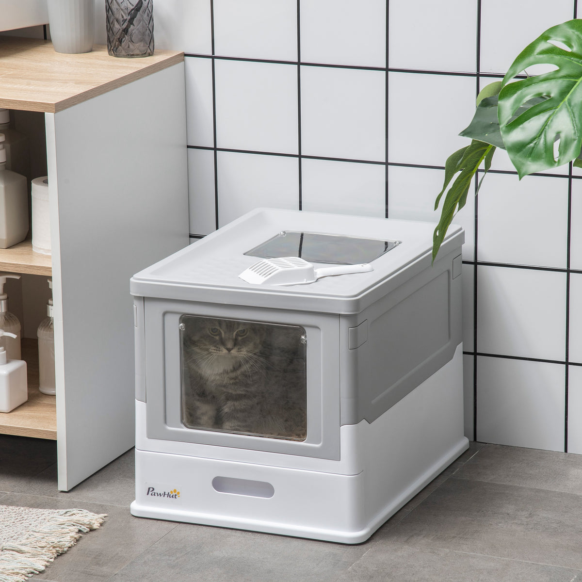 Foldable Enclosed Cat Litter Box with Scoop and Tray - Grey-Cat Supplies-DECOROLALA