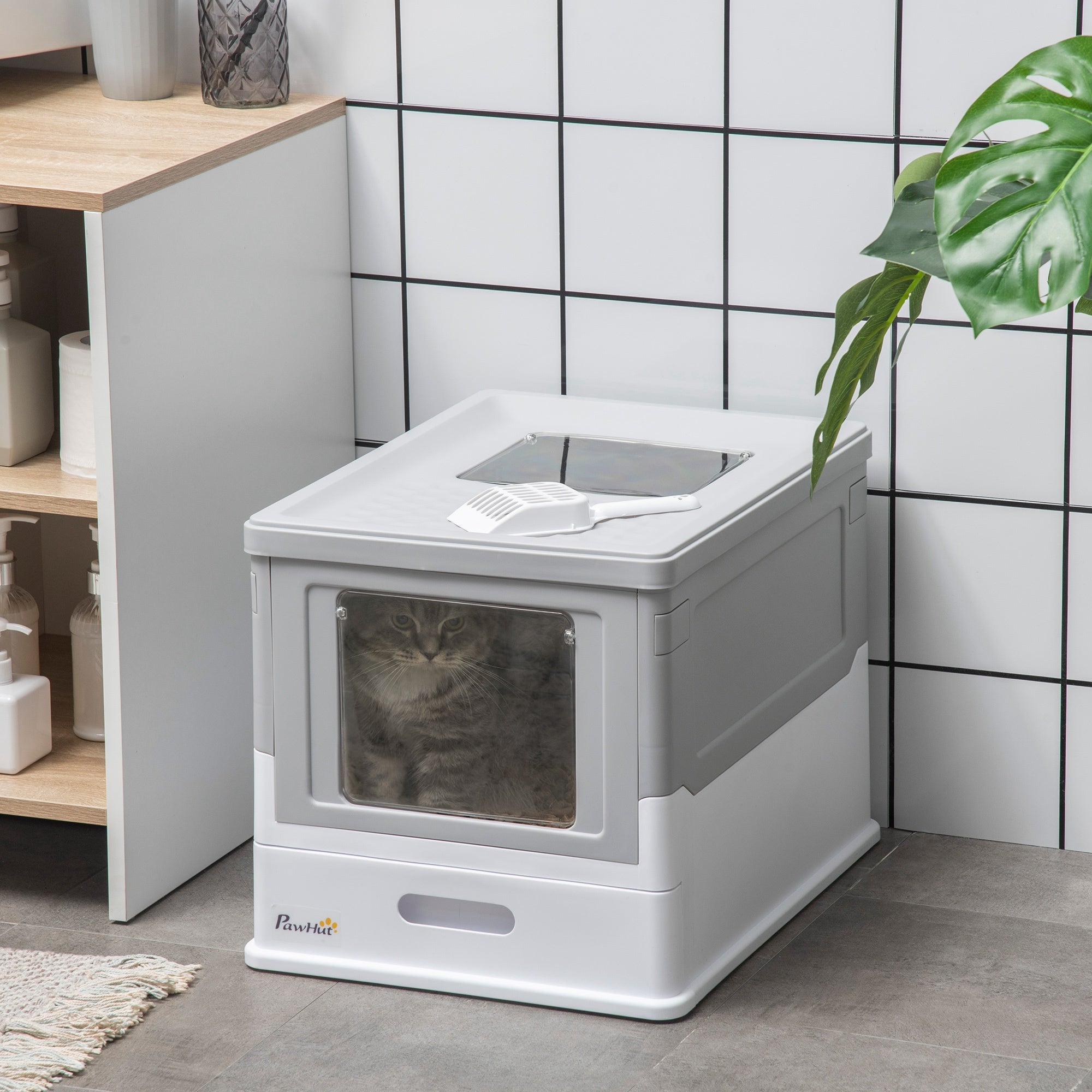 Foldable Enclosed Cat Litter Box with Scoop and Tray - Grey-Cats-DECOROLALA