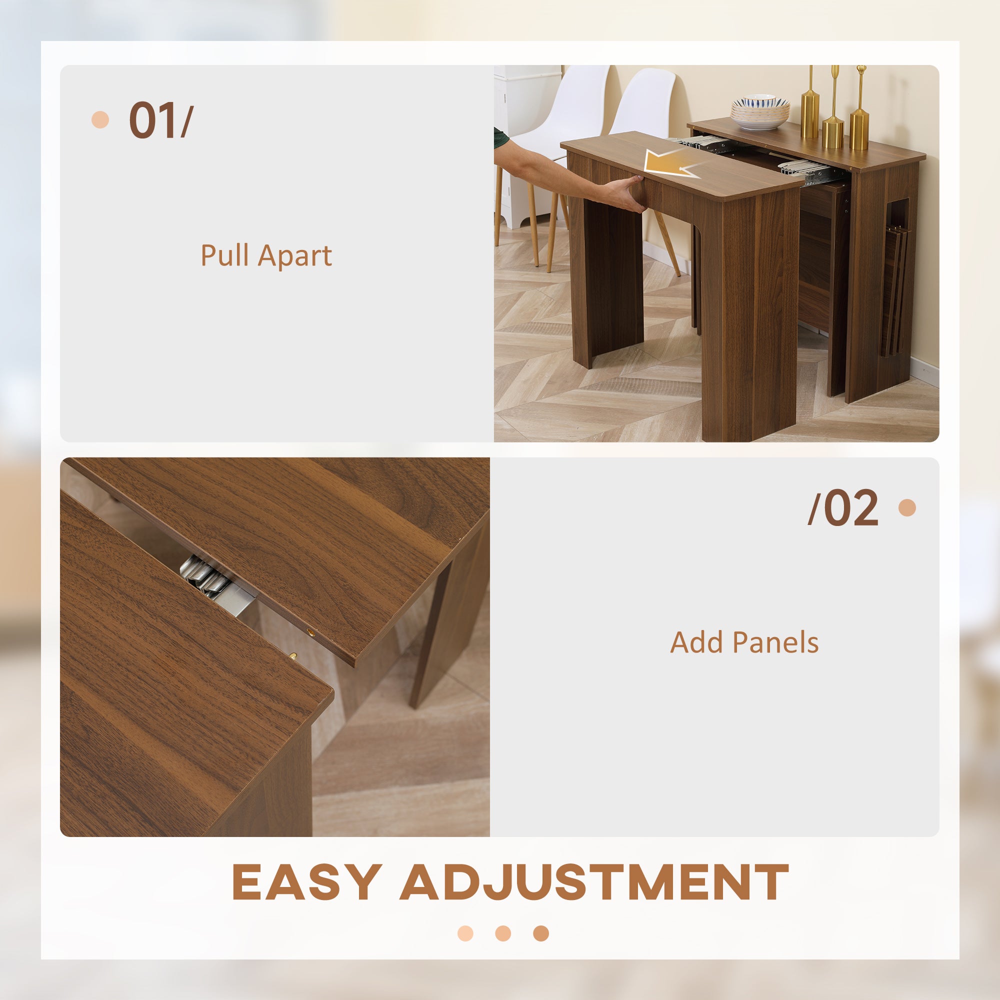 Foldable Extendable Dining Table - Light Brown, Seats 6, 23.6"-70.9"-DECOROLALA