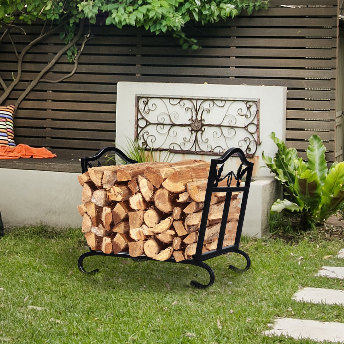 Foldable Firewood Log Rack Steel Wood Storage Holder-Log Racks & Carriers-DECOROLALA