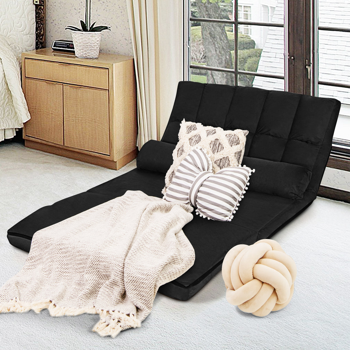Foldable Floor 6-Position Adjustable Lounge Couch-Black-Floor Chairs-DECOROLALA
