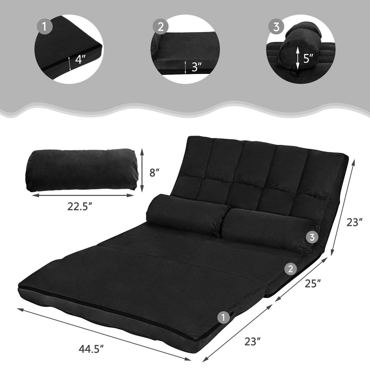 Foldable Floor 6-Position Adjustable Lounge Couch-Black-Floor Chairs-DECOROLALA