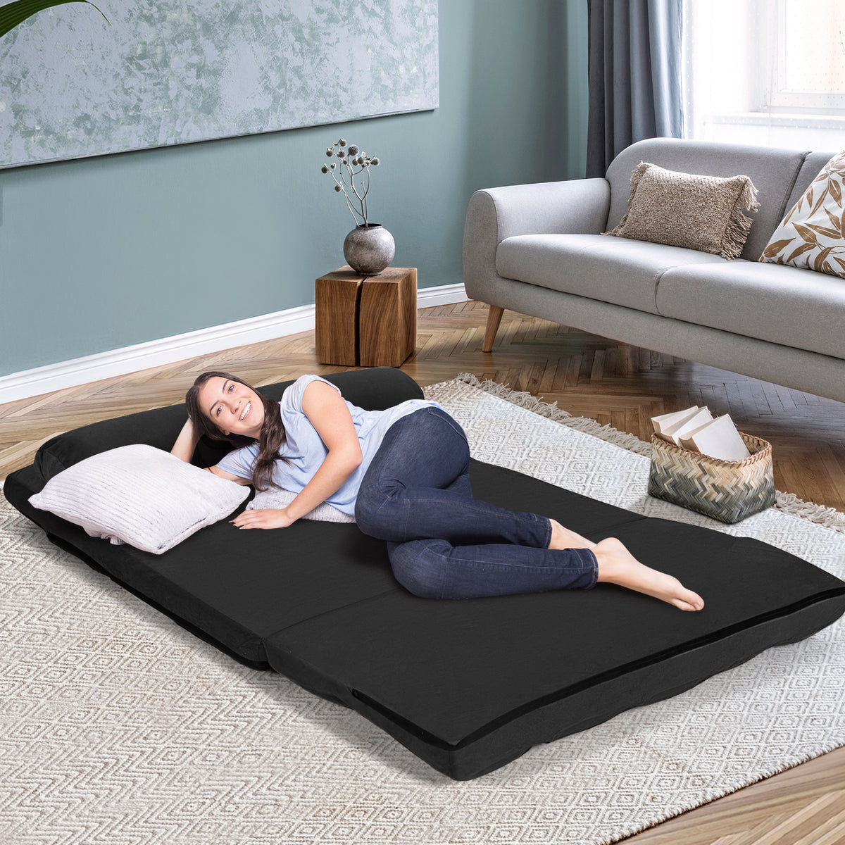 Foldable Floor 6-Position Adjustable Lounge Couch-Black-Floor Chairs-DECOROLALA