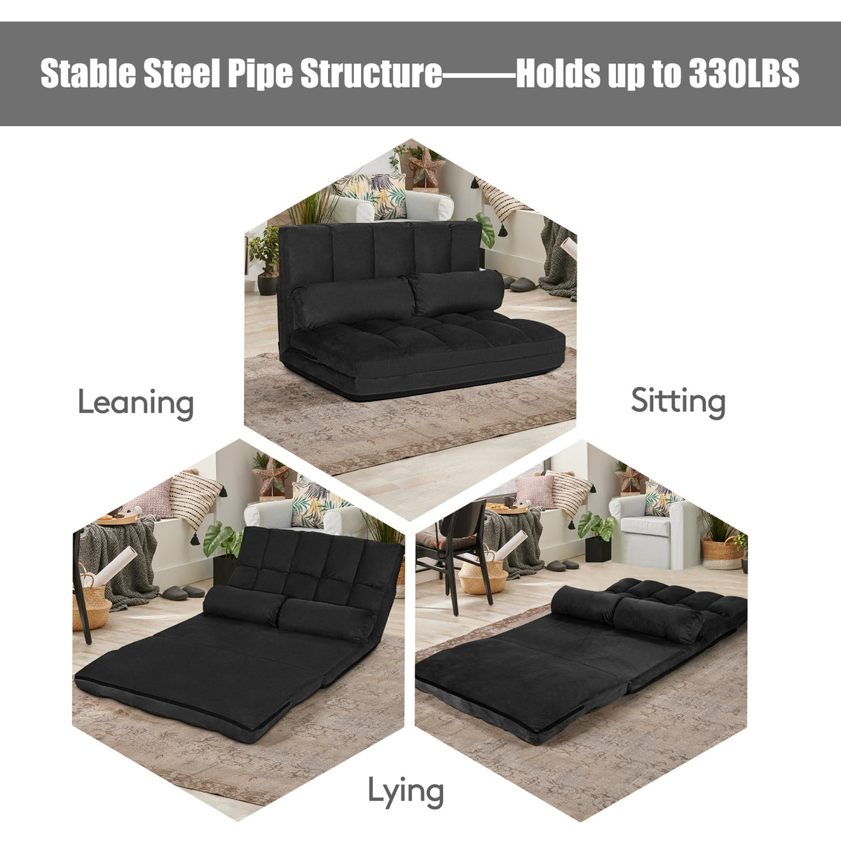Foldable Floor 6-Position Adjustable Lounge Couch-Black-Floor Chairs-DECOROLALA