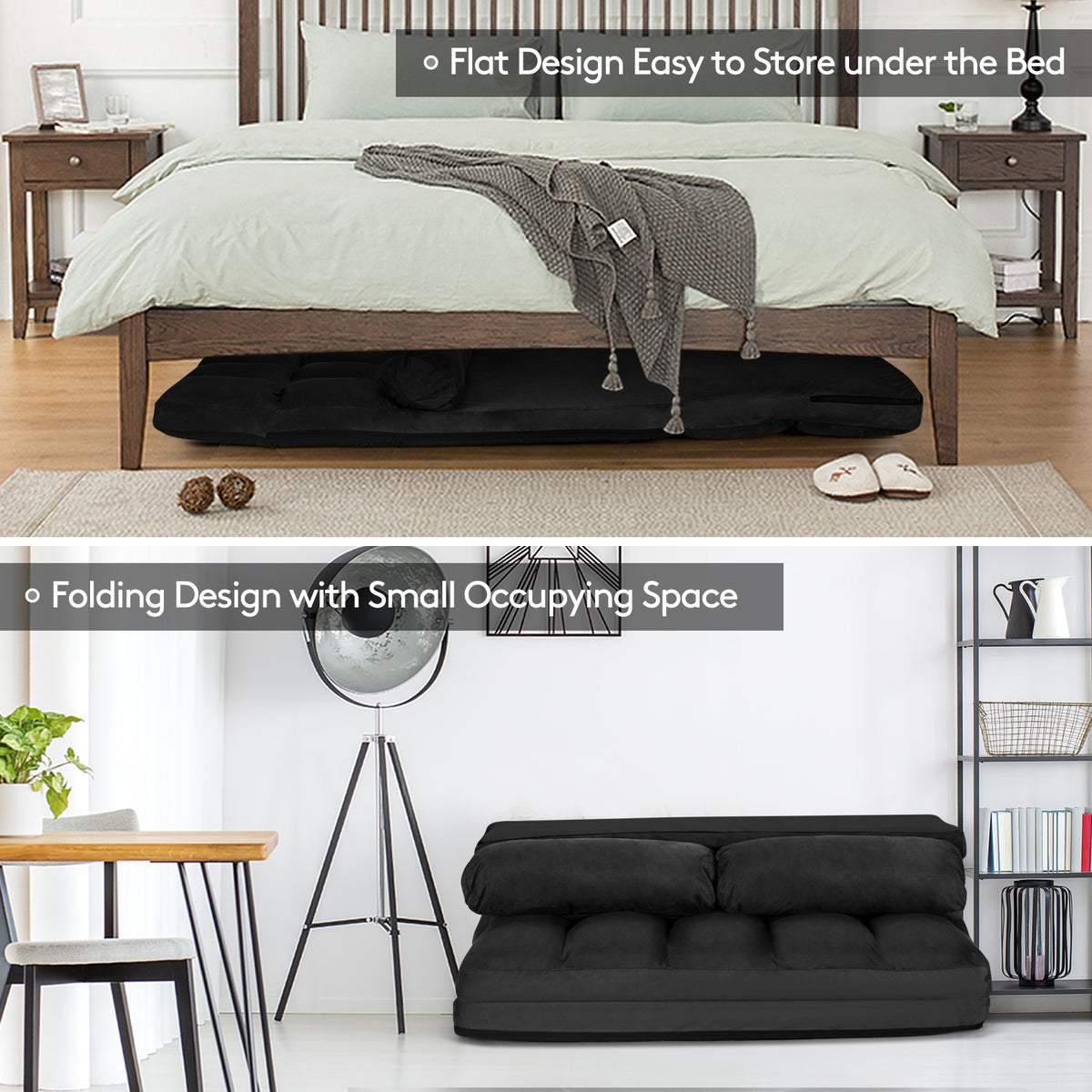 Foldable Floor 6-Position Adjustable Lounge Couch-Black-Floor Chairs-DECOROLALA