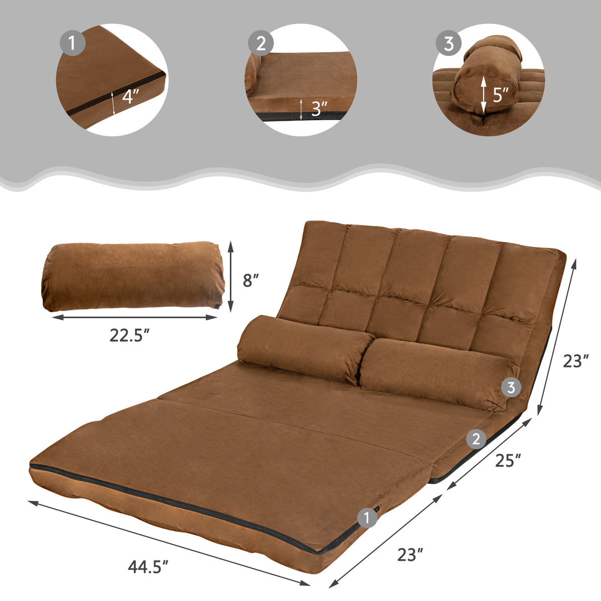 Foldable Floor 6-Position Adjustable Lounge Couch-Brown-Floor Chairs-DECOROLALA
