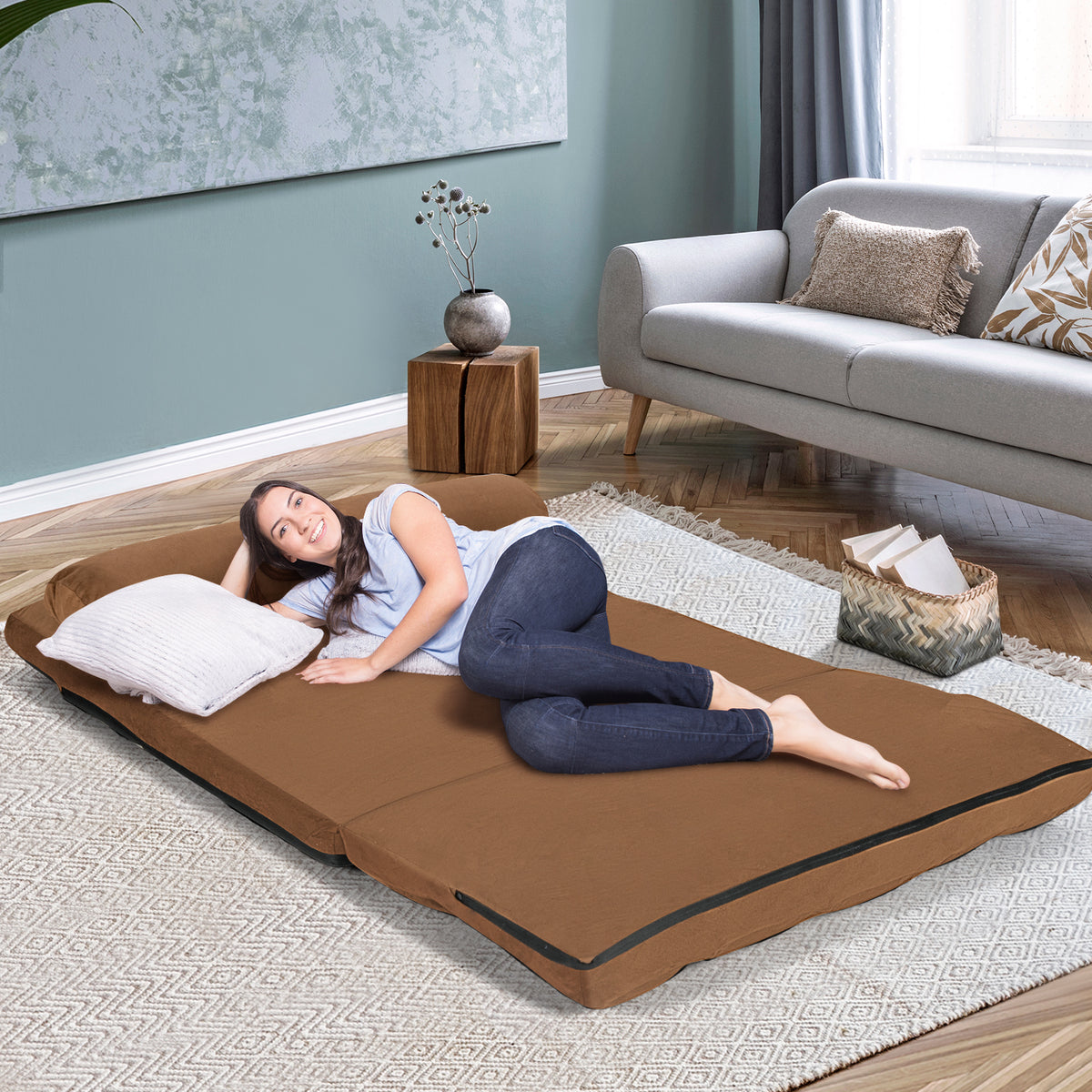 Foldable Floor 6-Position Adjustable Lounge Couch-Brown-Floor Chairs-DECOROLALA