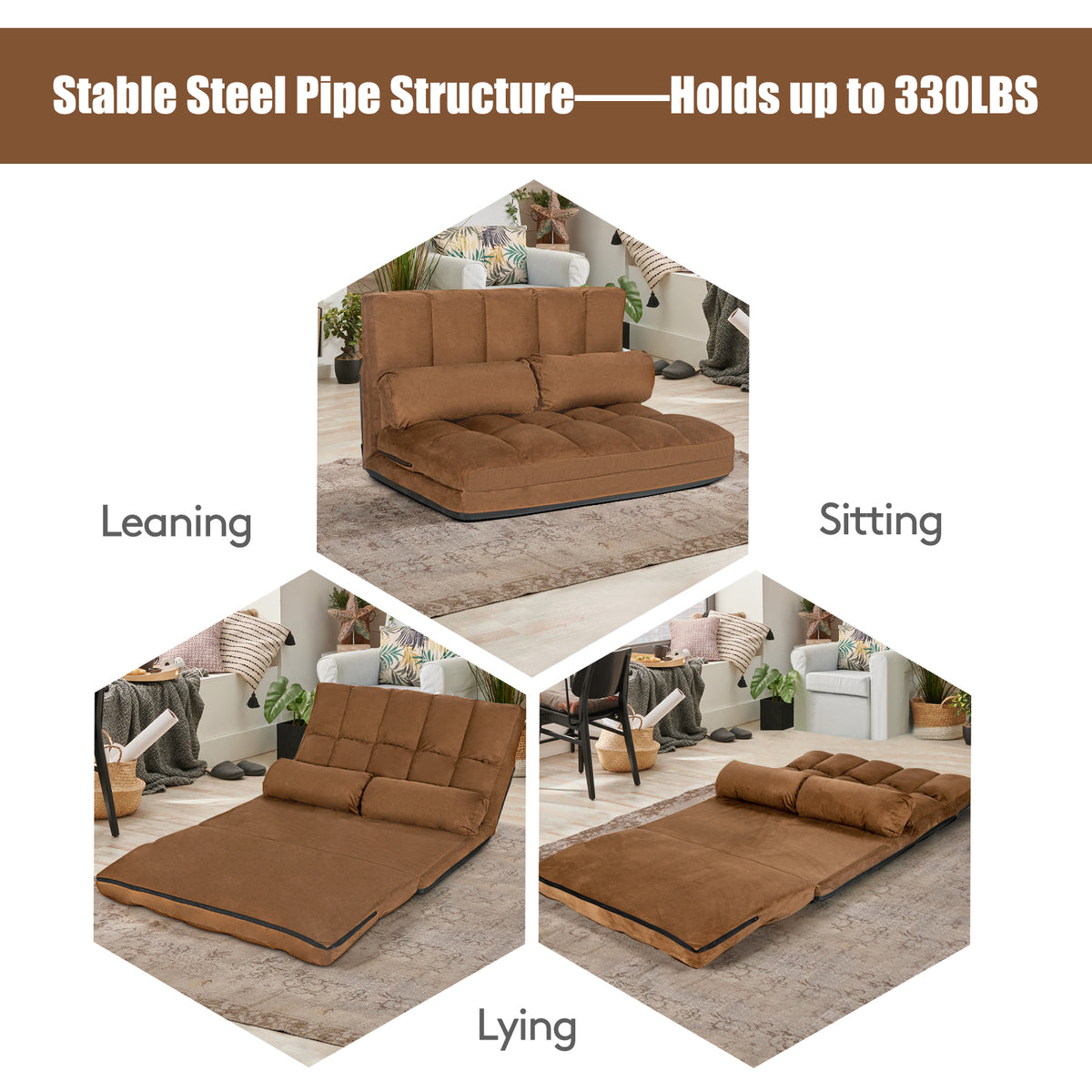 Foldable Floor 6-Position Adjustable Lounge Couch-Brown-Floor Chairs-DECOROLALA