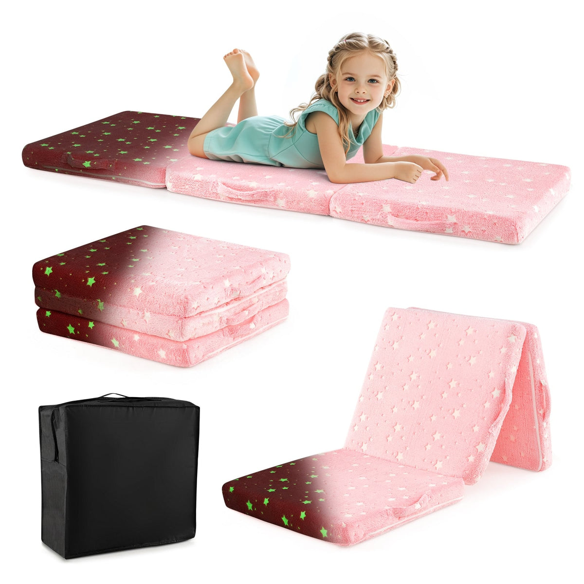 Foldable Floor Mattress for Kids with Washable Flannel Cover-Pink-Mattresses-DECOROLALA
