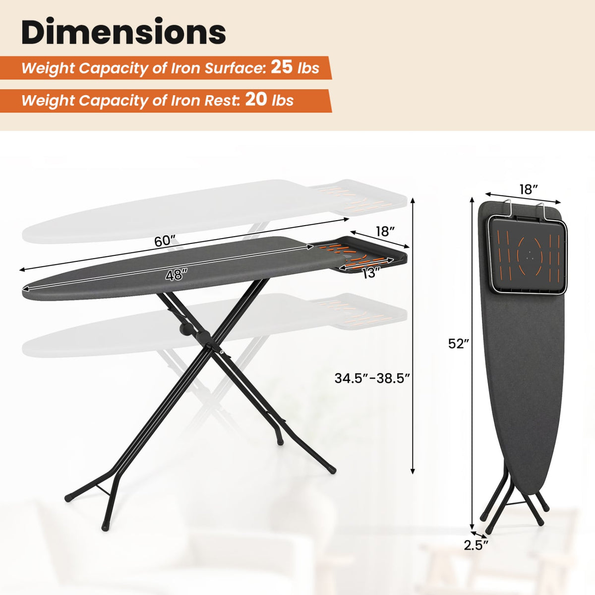 Foldable Full Size Ironing Board - Grey 48" x 18" Steel Frame-Dryers-DECOROLALA