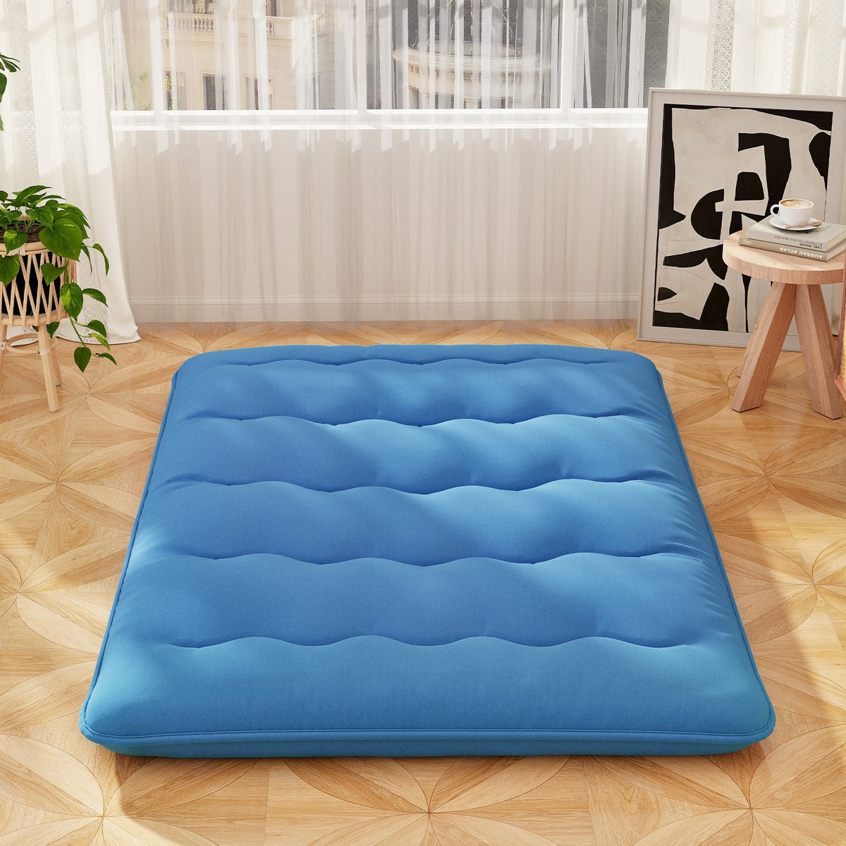 Foldable Futon Mattress with Washable Cover and Carry Bag for Camping Blue-Full Size-Mattresses-DECOROLALA