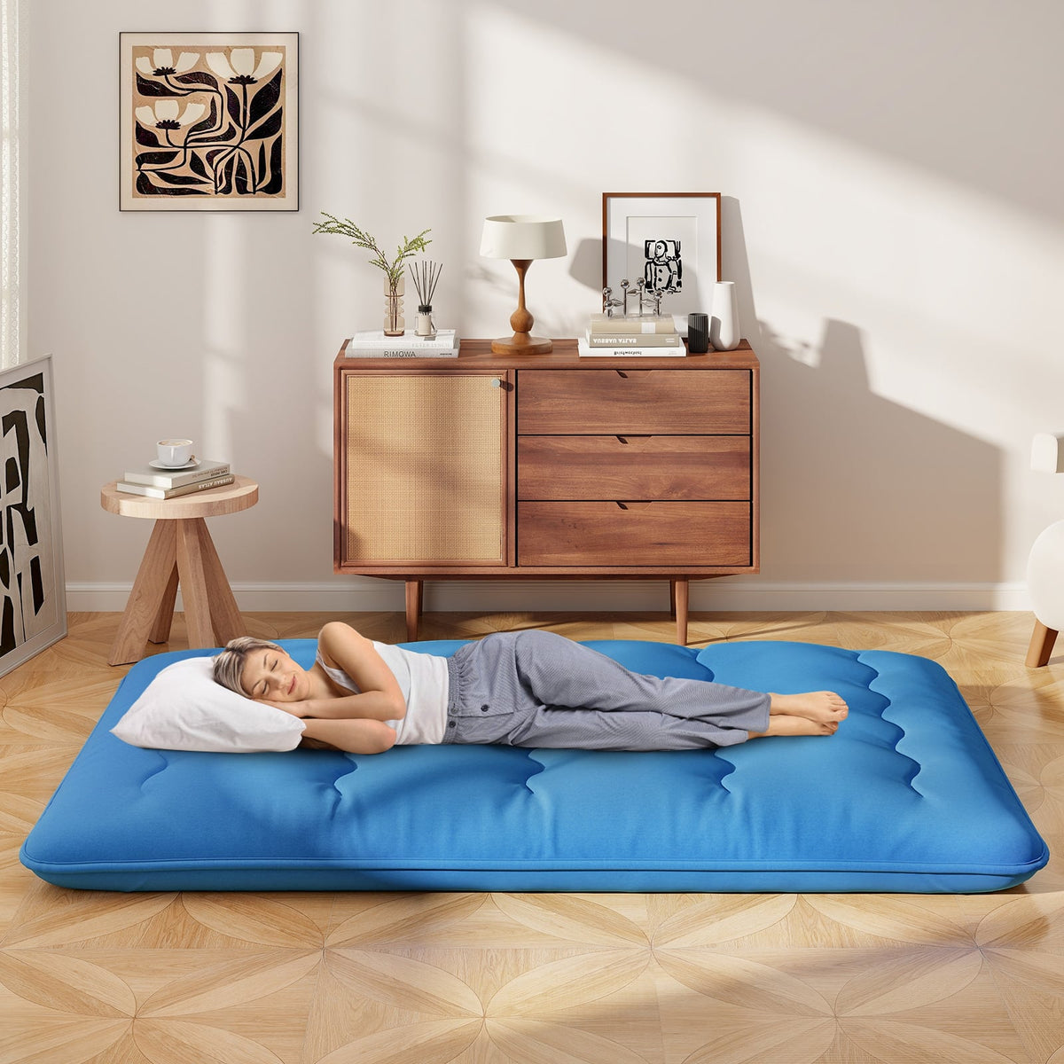 Foldable Futon Mattress with Washable Cover and Carry Bag for Camping Blue-Full Size-Mattresses-DECOROLALA