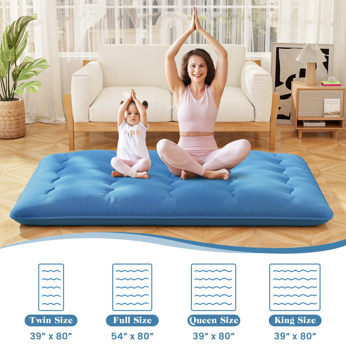 Foldable Futon Mattress with Washable Cover and Carry Bag for Camping Blue-Full Size-Mattresses-DECOROLALA