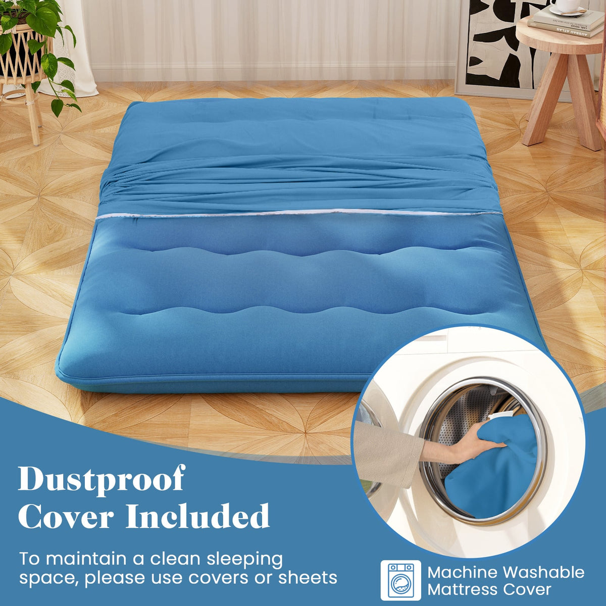 Foldable Futon Mattress with Washable Cover and Carry Bag for Camping Blue-Full Size-Mattresses-DECOROLALA