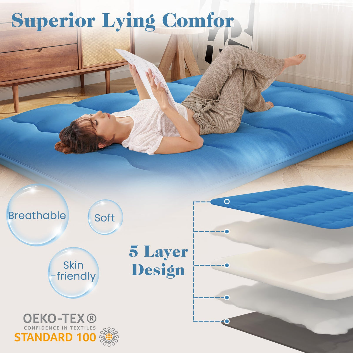 Foldable Futon Mattress with Washable Cover and Carry Bag for Camping Blue-Full Size-Mattresses-DECOROLALA
