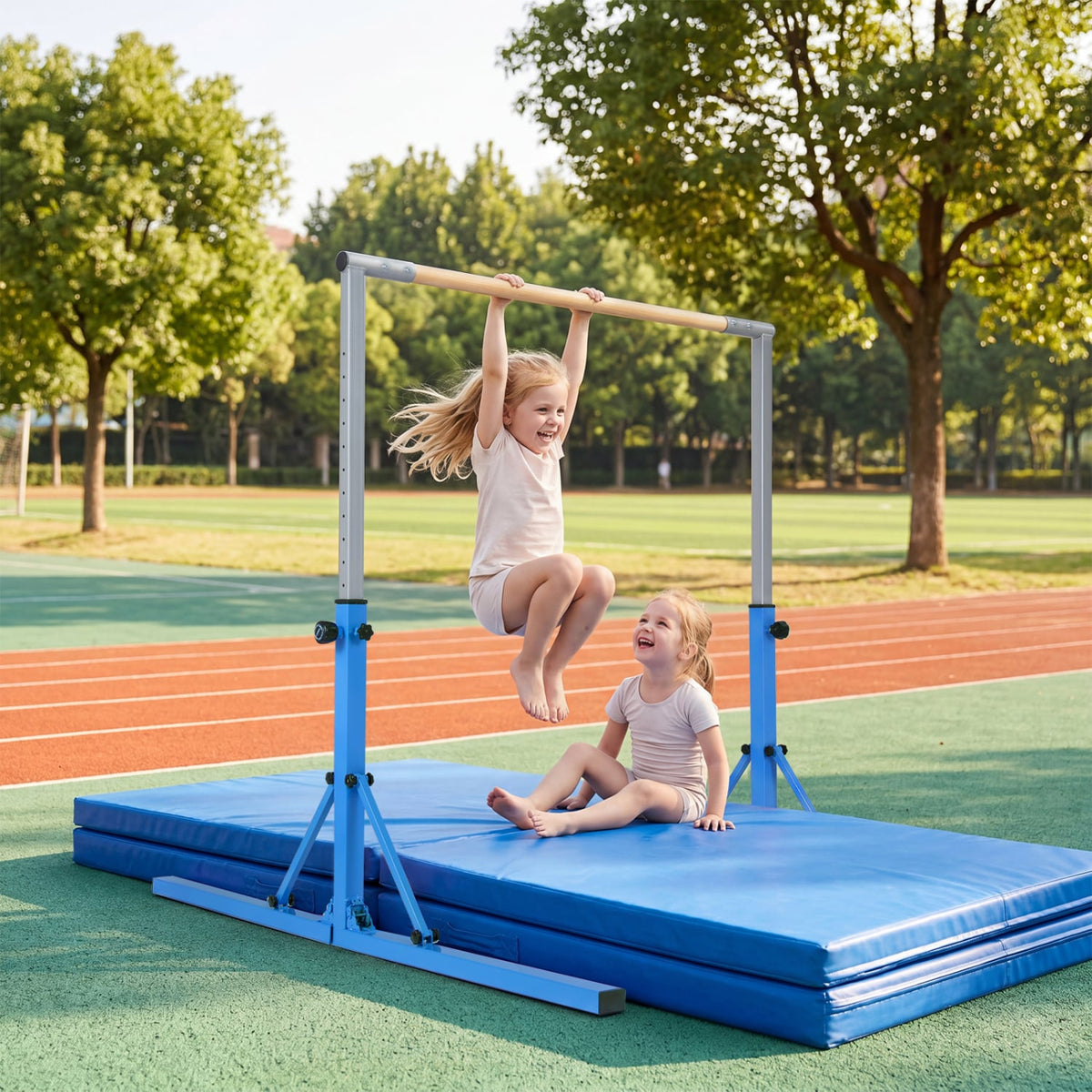 Foldable Gymnastics Bar for Kids with 3-Level Adjustable Heights-Blue-Yoga Accessories-DECOROLALA