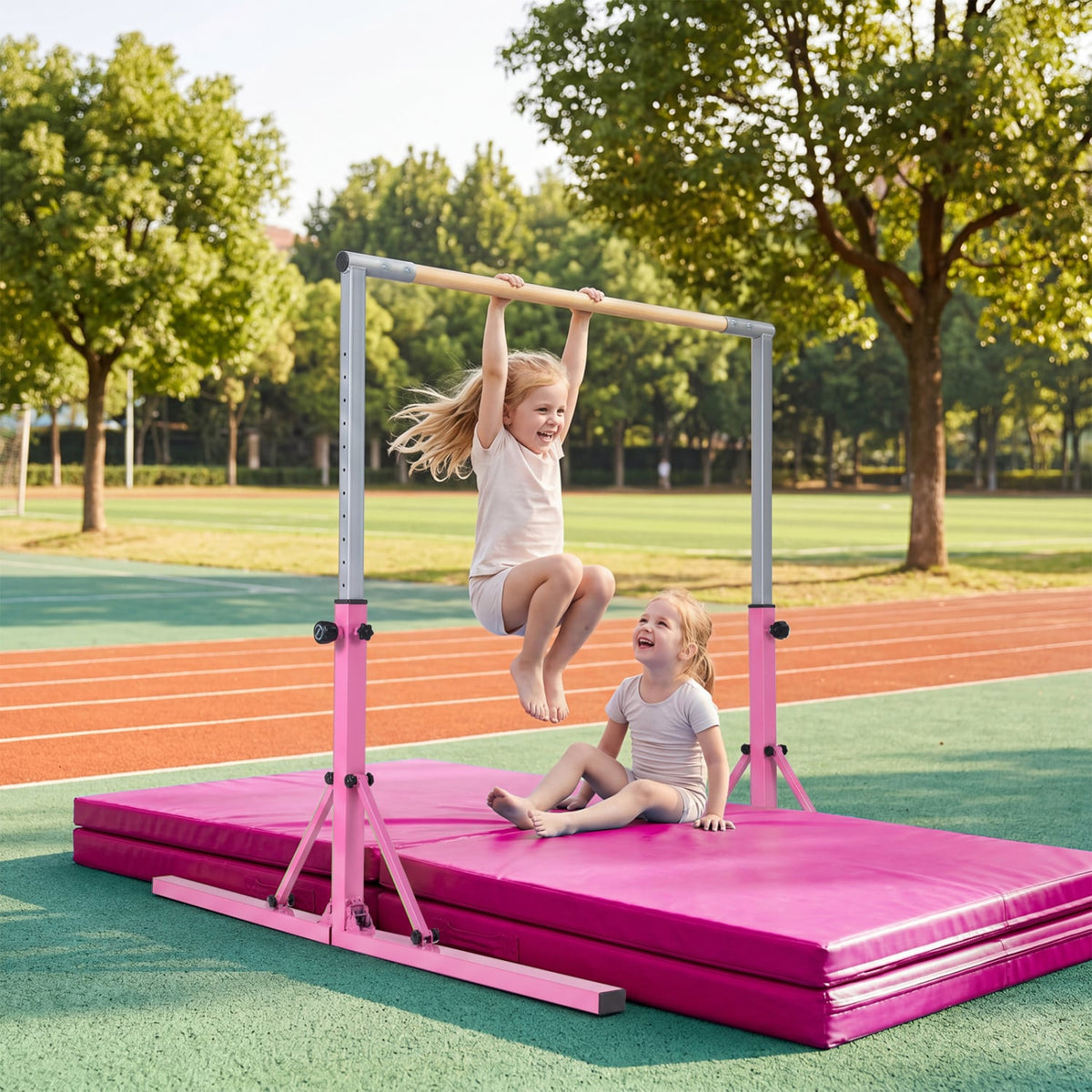 Foldable Gymnastics Bar for Kids with 3-Level Adjustable Heights-Pink-Yoga Accessories-DECOROLALA
