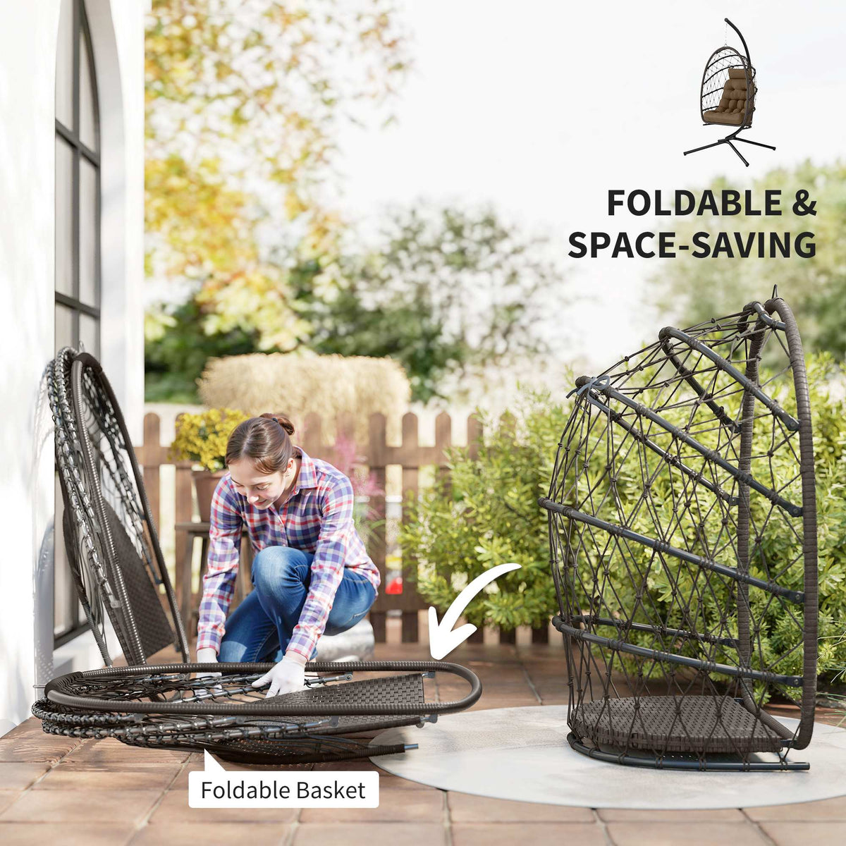 Foldable Hanging Egg Chair with Stand - Brown Rattan-Hammock Swings-DECOROLALA