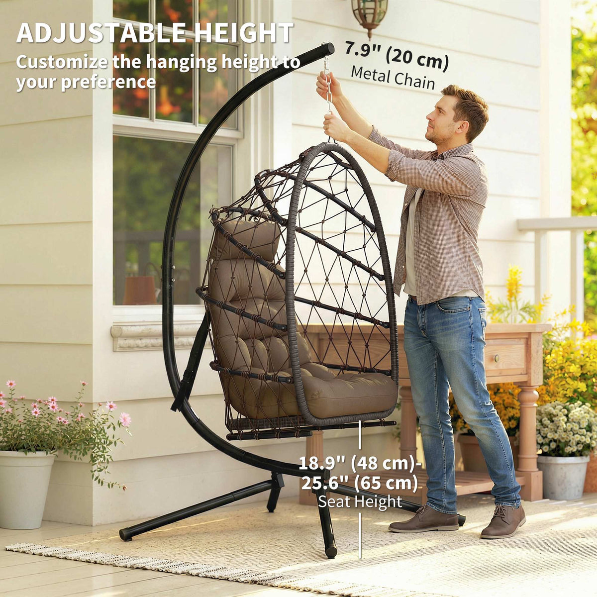 Foldable Hanging Egg Chair with Stand - Brown Rattan-Hammock Swings-DECOROLALA