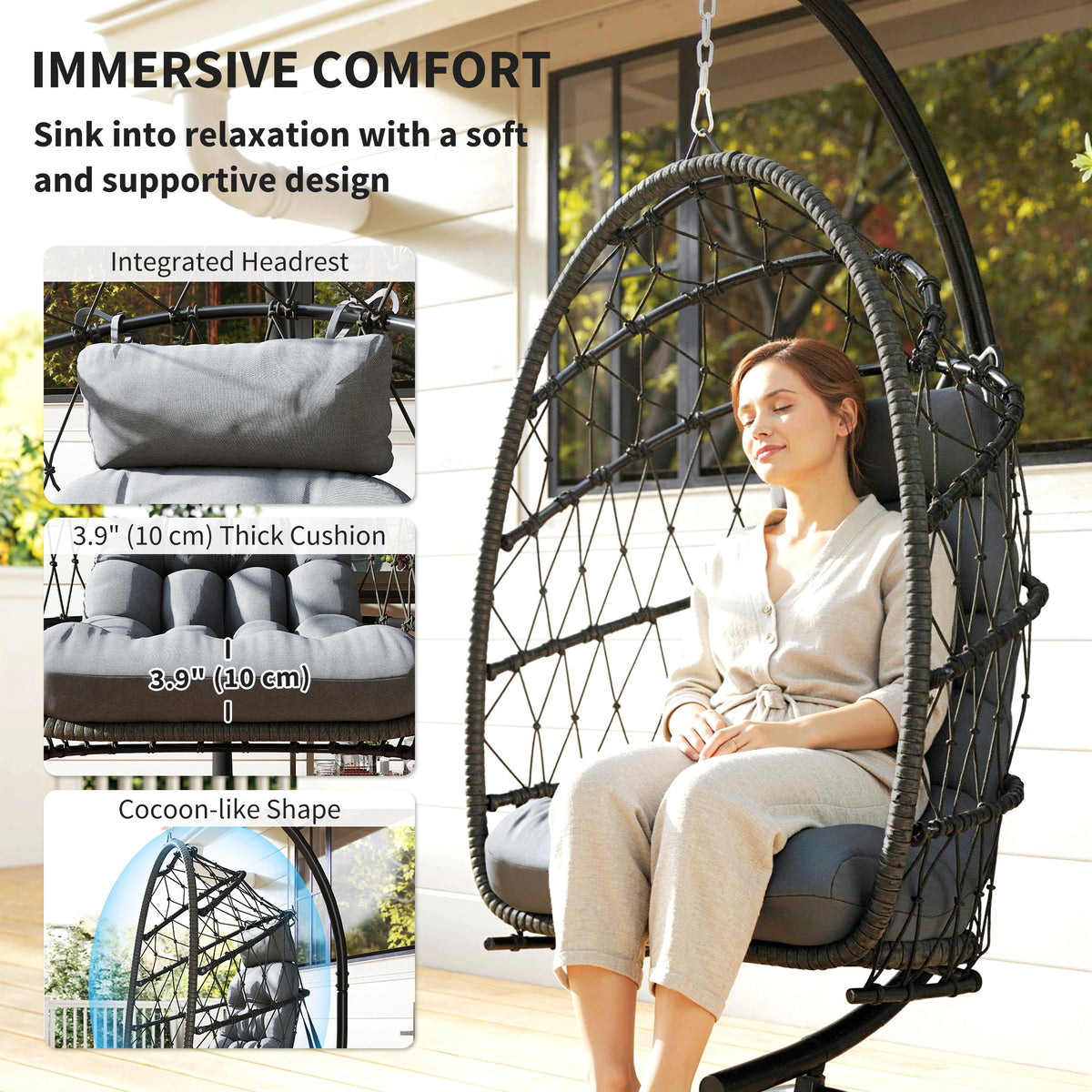 Foldable Hanging Egg Chair with Stand - Grey Rattan-Hammock Swings-DECOROLALA