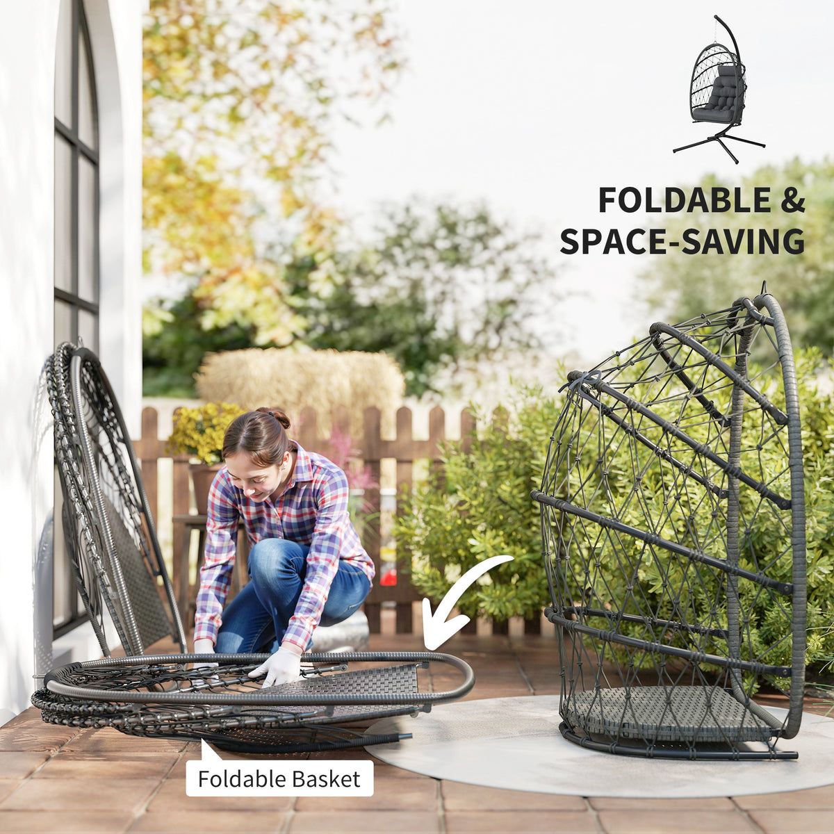 Foldable Hanging Egg Chair with Stand - Grey Rattan-Hammock Swings-DECOROLALA