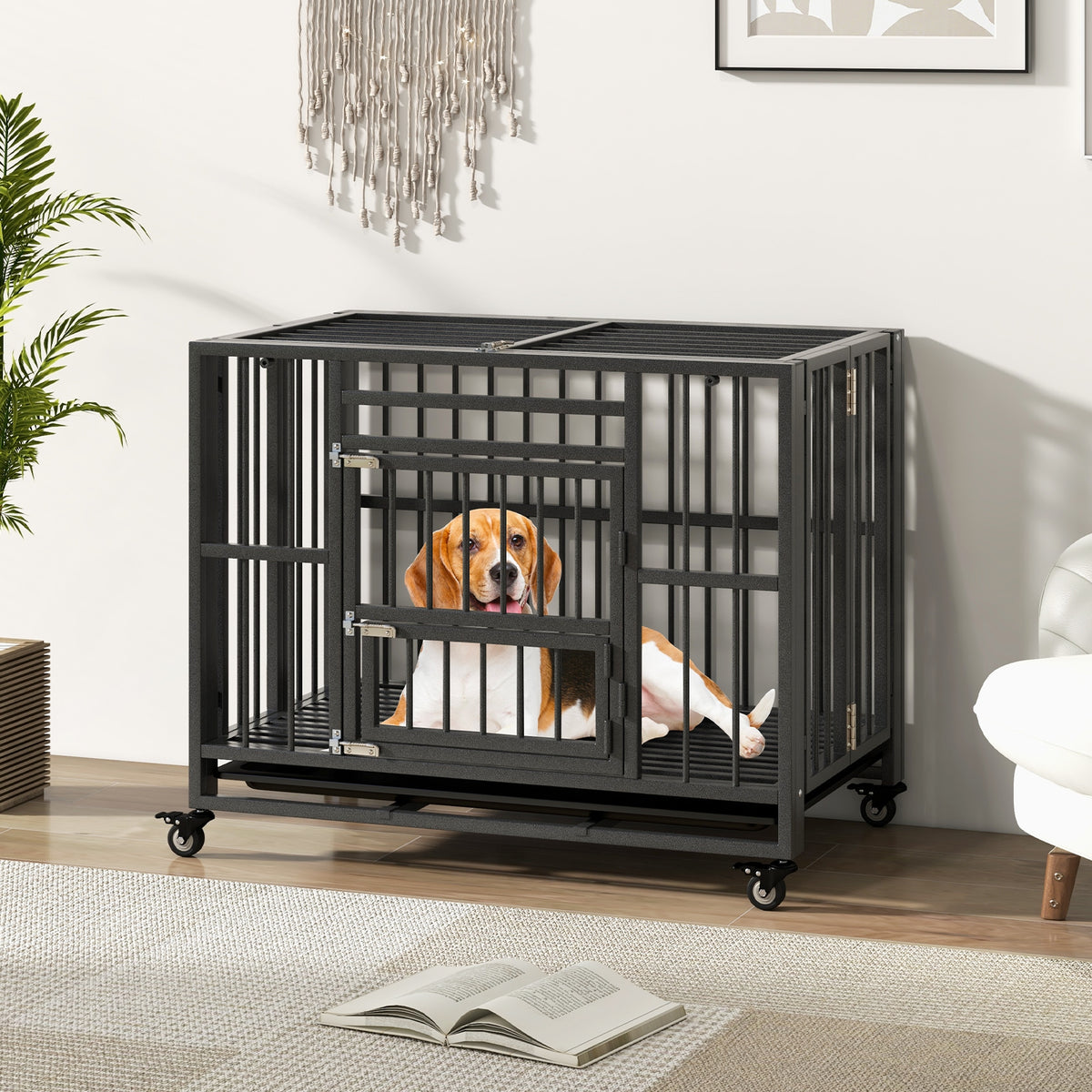 Foldable Heavy-Duty Metal Dog Cage Chew-proof Dog Crate with Lockable Universal Wheels-Dog Kennels-DECOROLALA