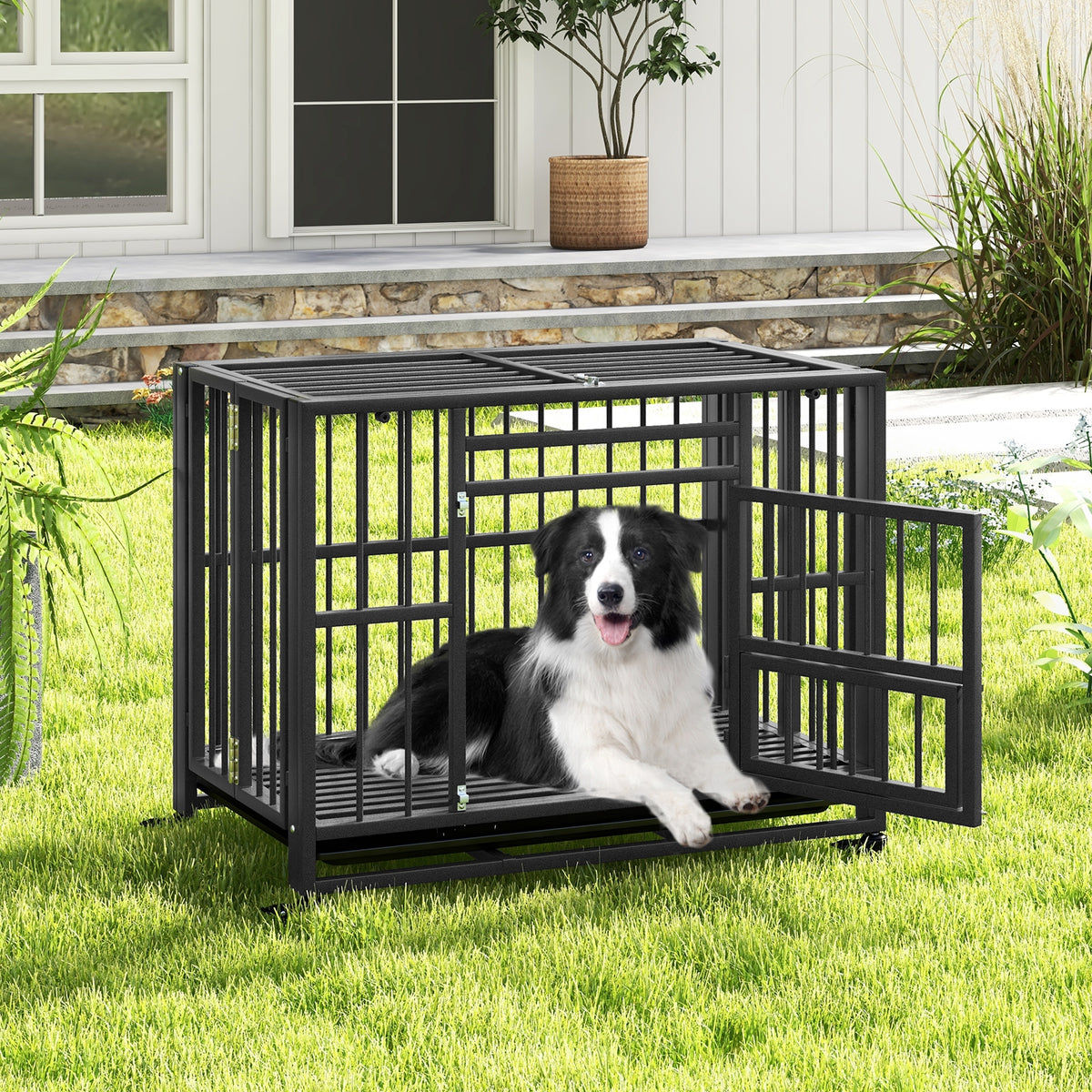 Foldable Heavy-Duty Metal Dog Cage Chew-proof Dog Crate with Lockable Universal Wheels-Dog Kennels-DECOROLALA