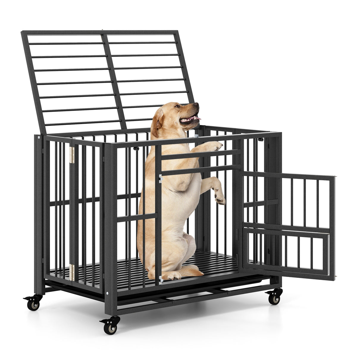 Foldable Heavy-Duty Metal Dog Cage Chew-proof Dog Crate with Lockable Universal Wheels-Dog Kennels-DECOROLALA
