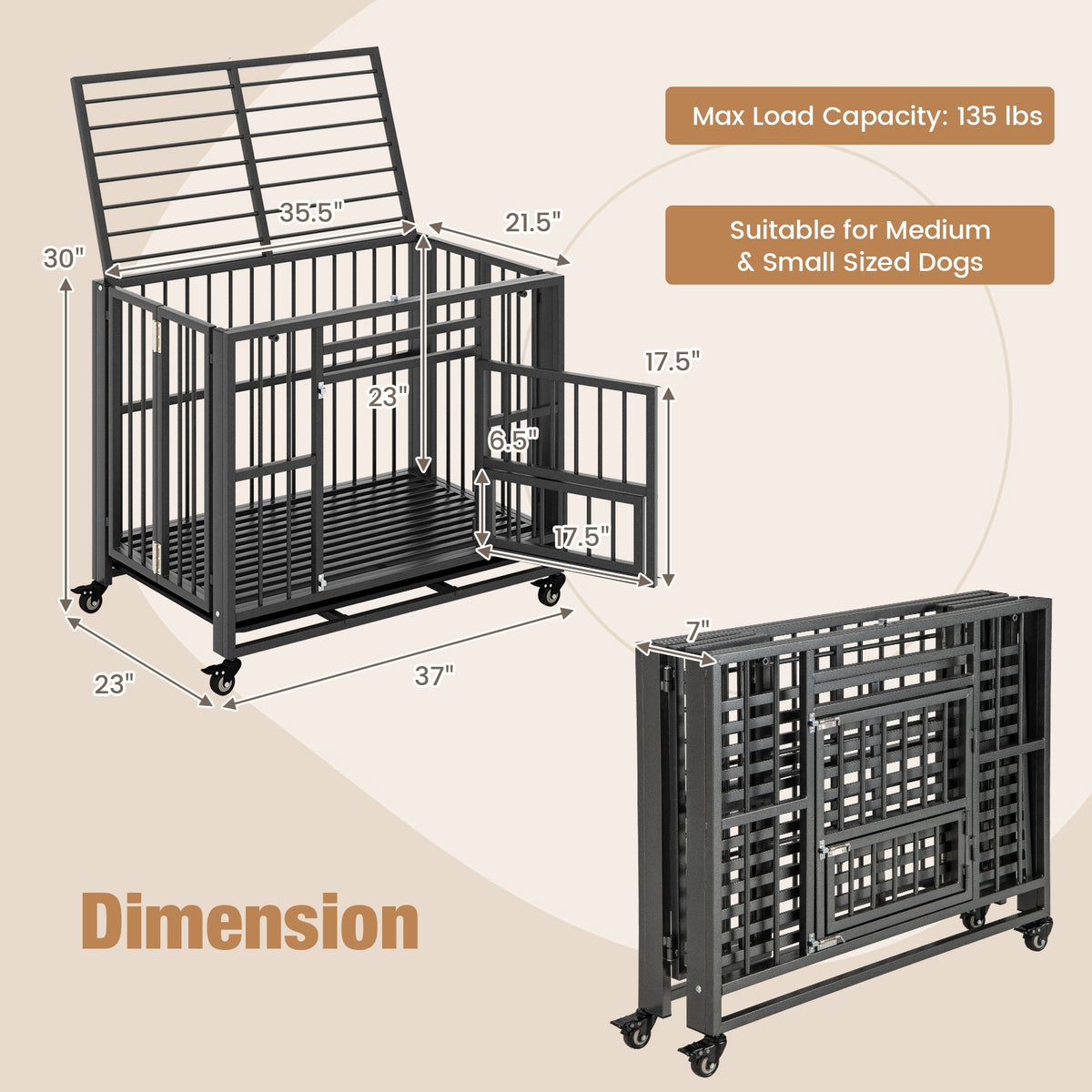 Foldable Heavy-Duty Metal Dog Cage Chew-proof Dog Crate with Lockable Universal Wheels-Dog Kennels-DECOROLALA